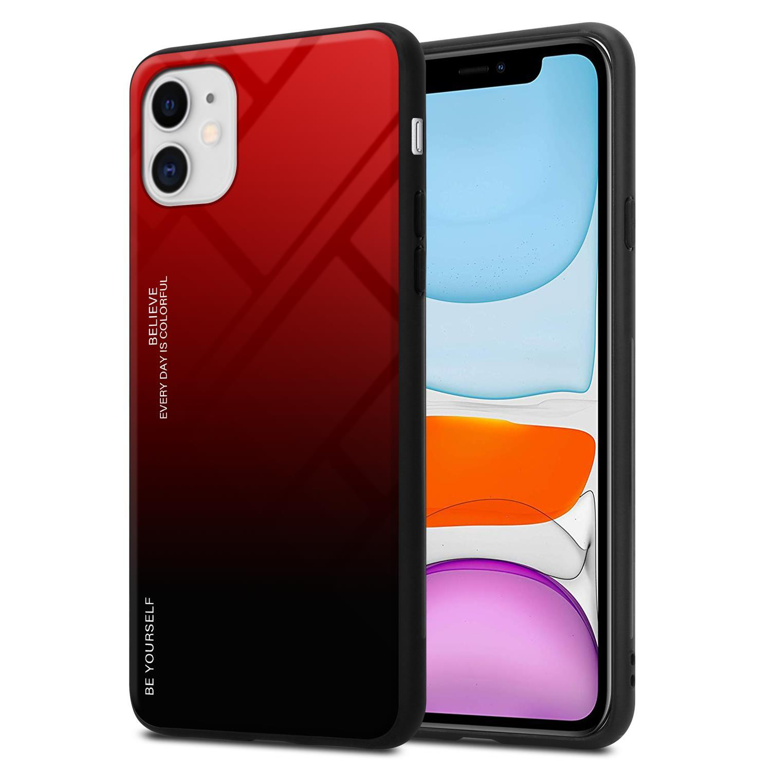 Custodia per telefono con sfumatura da rosso a nero su un telefono. Schermo del telefono visibile. Testo 'Believe'.