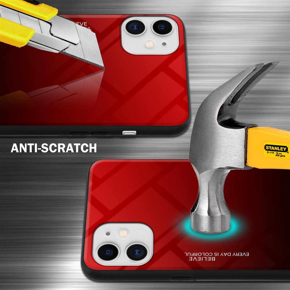 Due telefoni con custodie rosse. Un coltello e un martello sono posti su di essi per mostrare la resistenza ai graffi.