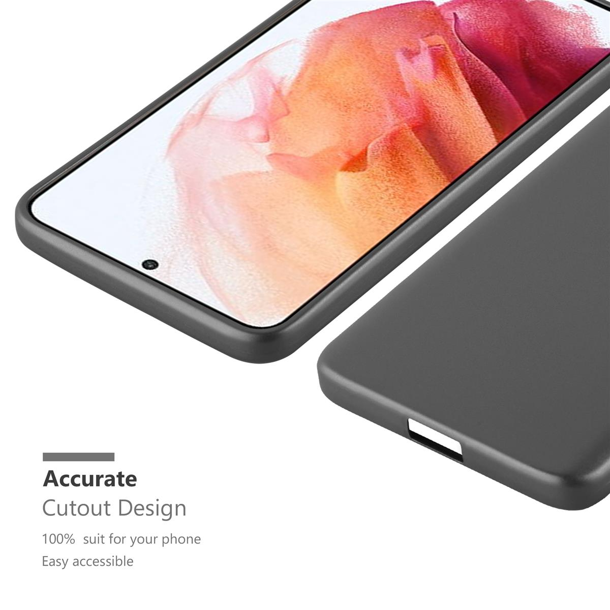 Viene mostrato un telefono con una custodia nera. La custodia è grigio scuro. Lo schermo del telefono è visibile. Testo in basso.