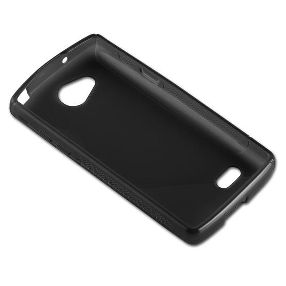 Custodia per telefono nera. Vista dell'interno della custodia. La custodia è vuota.