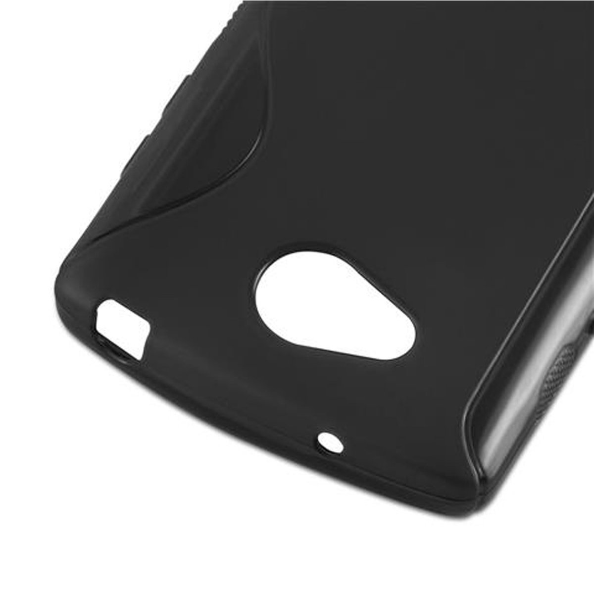 Una custodia nera per telefono con ritagli per fotocamera e porte.