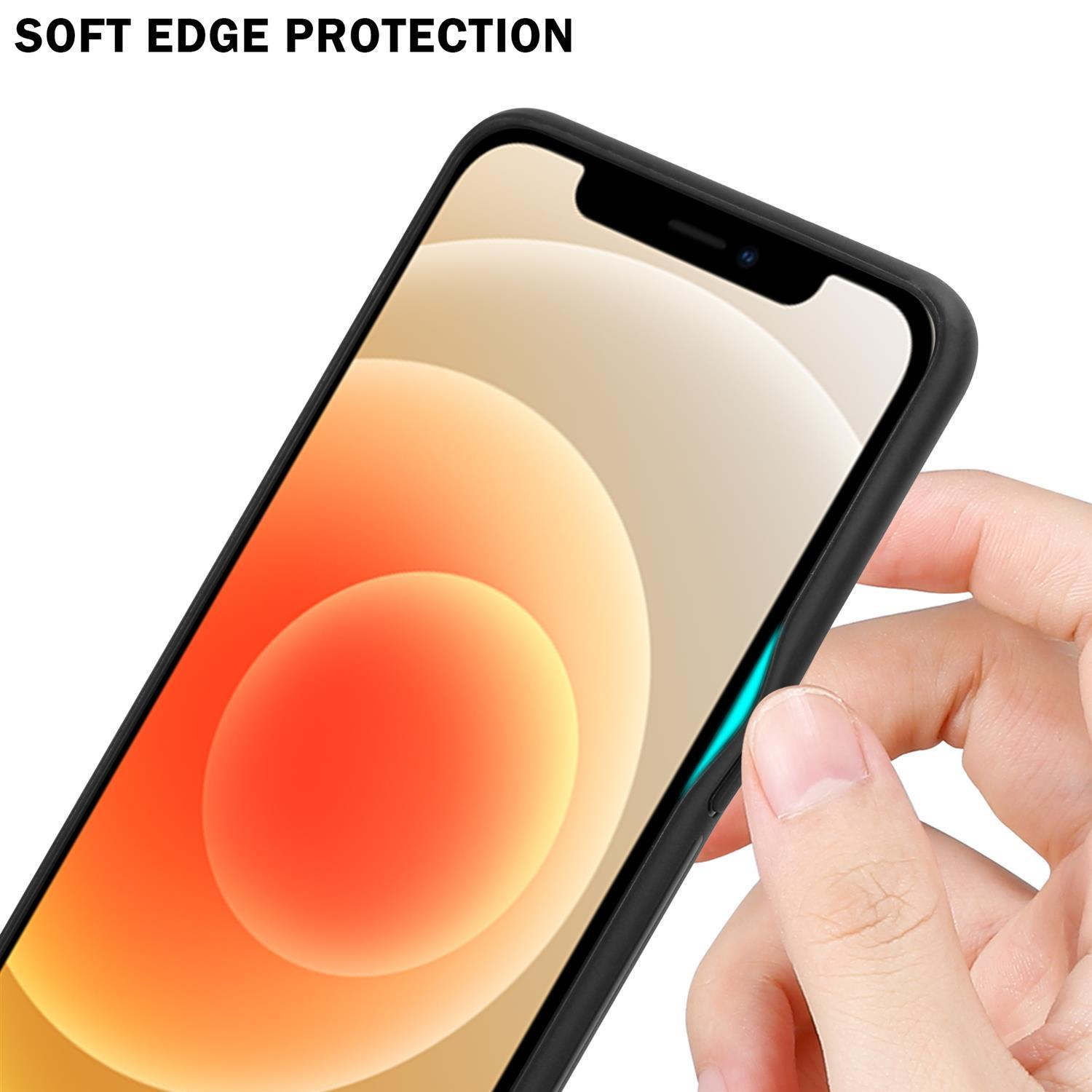Bordo della custodia del telefono, che mostra la protezione. Mano che tiene il telefono con sfondo arancione. Testo: SOFT EDGE PROTECTION.