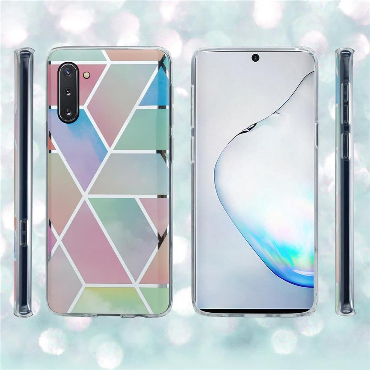 Zwei Telefone mit Hüllen. Eines hat ein geometrisches Design, das andere ist klar. Beide haben Kameras und Knöpfe.