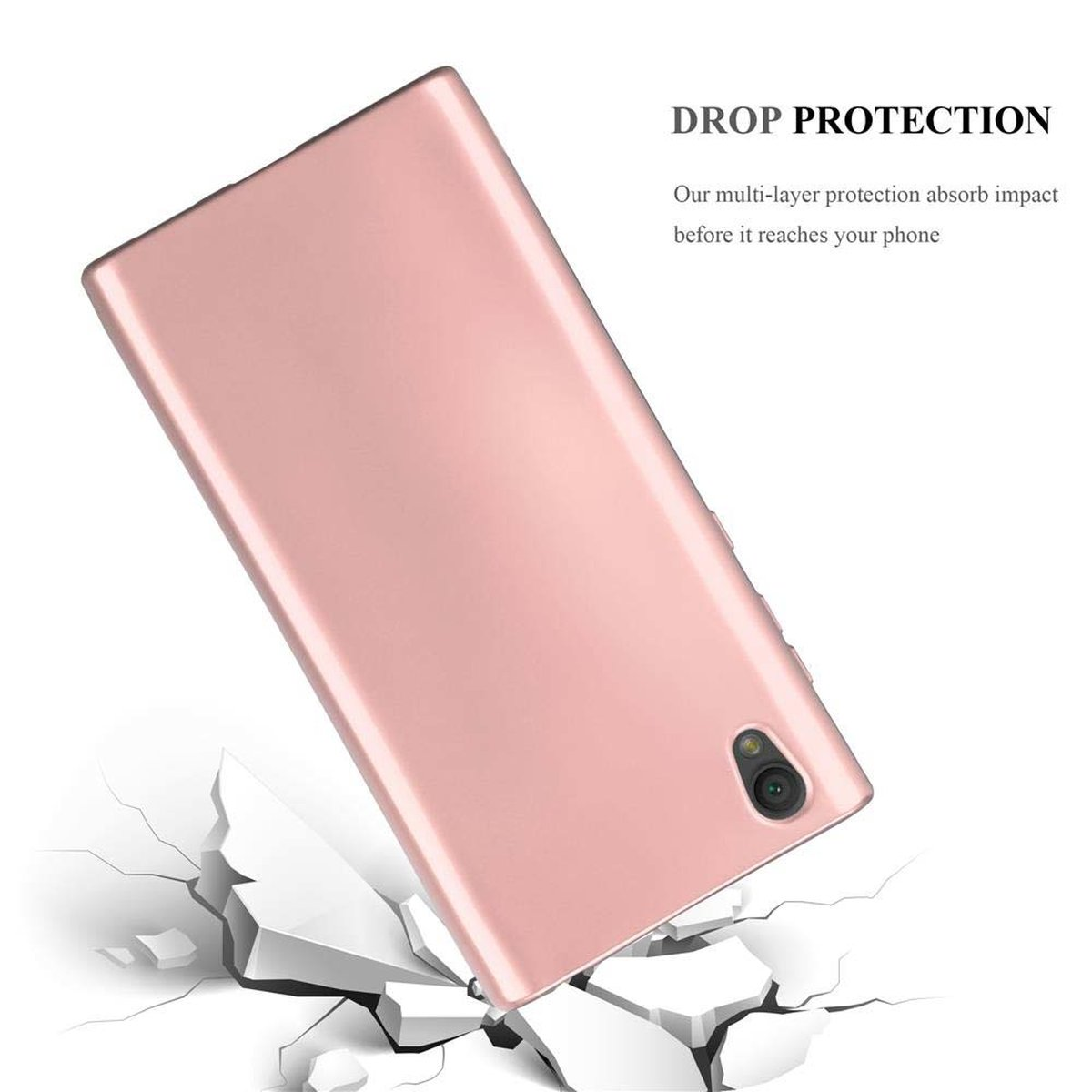 Una custodia per telefono rosa sembra frantumarsi all'impatto. Sfondo bianco.