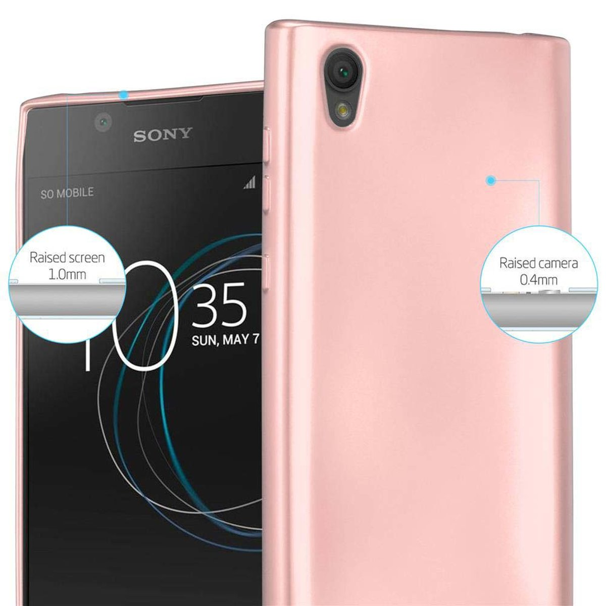 Una custodia per telefono rosa su un telefono. Ci sono diagrammi dello schermo e della fotocamera.