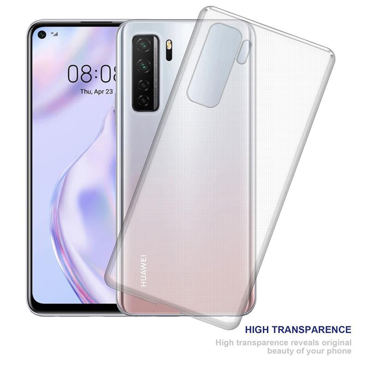 Un telefono con custodia trasparente. Il telefono è bianco con tripla fotocamera.