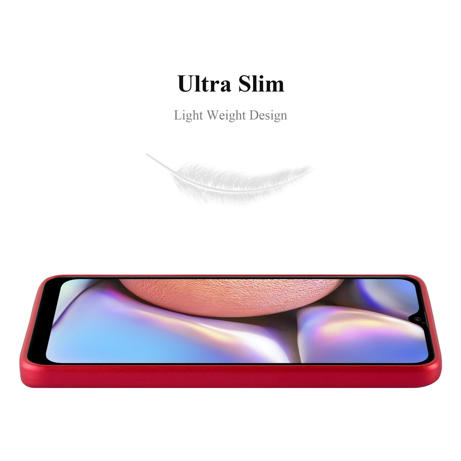 Un telefono rosso, con una custodia rossa, su sfondo bianco. Il testo dice 'Ultra Slim Light Weight Design'.