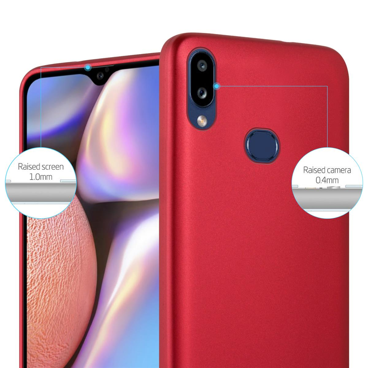 Custodia per telefono rossa che mostra bordi rialzati dello schermo e della fotocamera. Schermo rialzato 1,0 mm, fotocamera 0,4 mm.