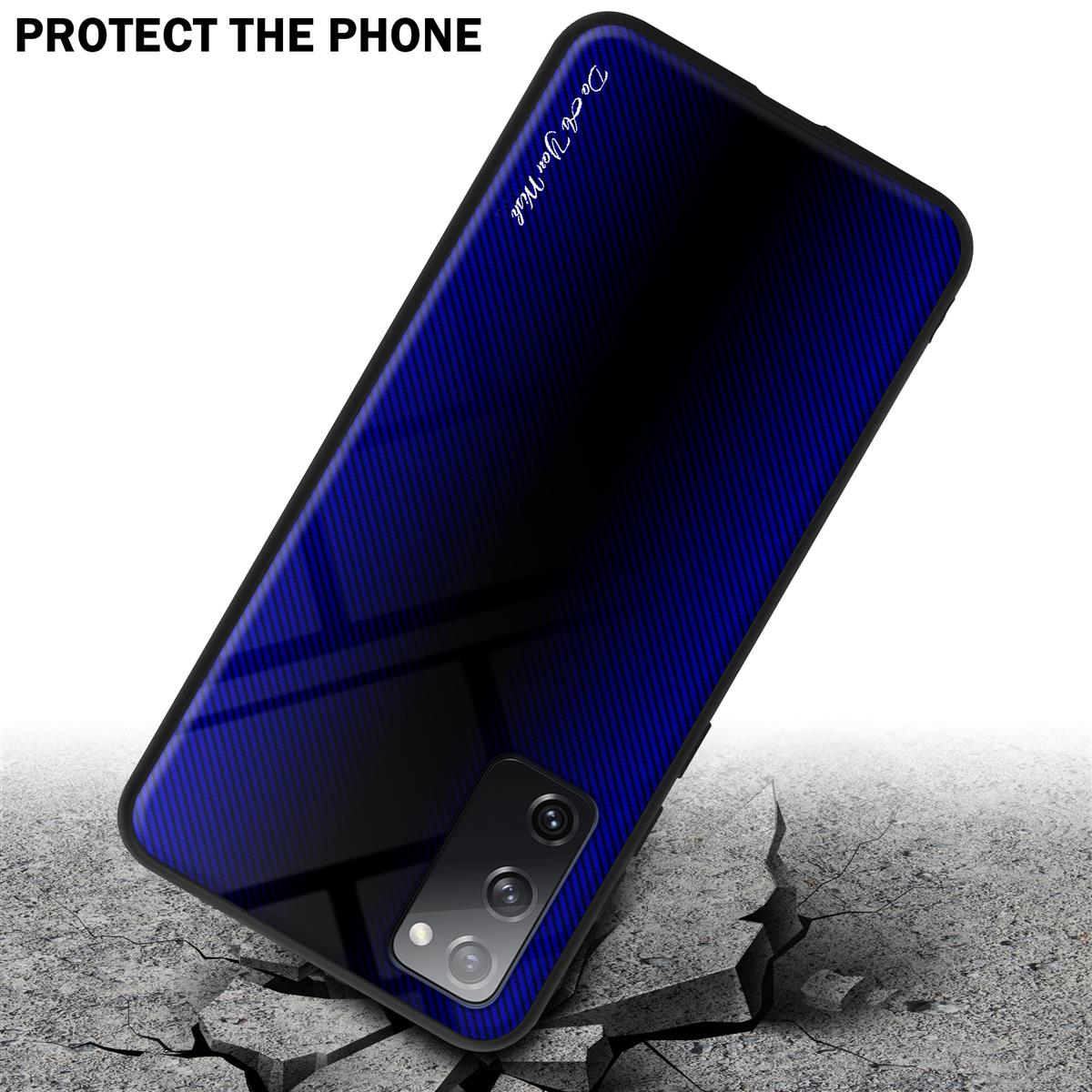 Custodia blu-nera su una superficie rotta, che enfatizza la protezione.