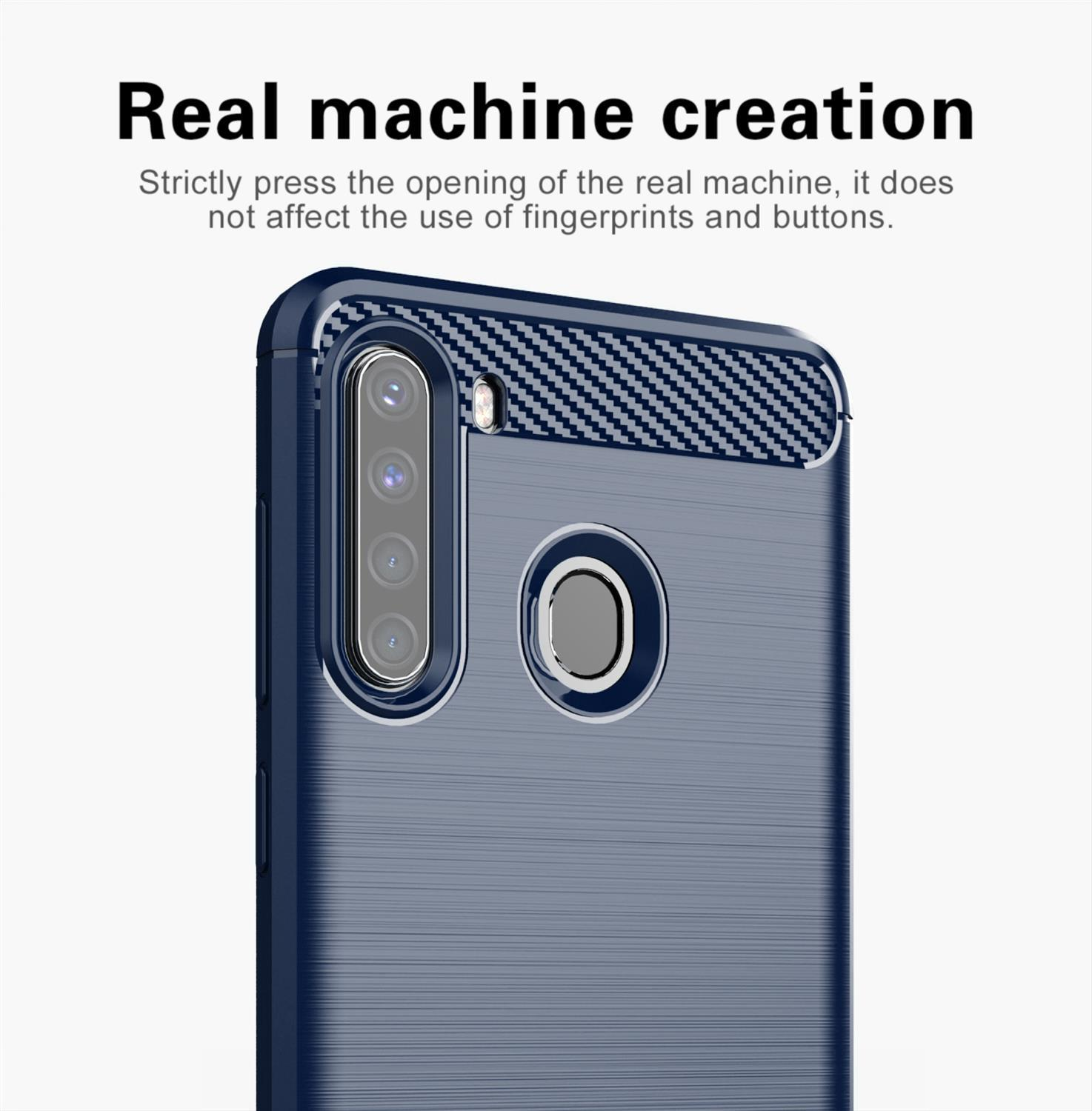 Custodia per telefono. Blu con un design in fibra di carbonio attorno alla fotocamera.