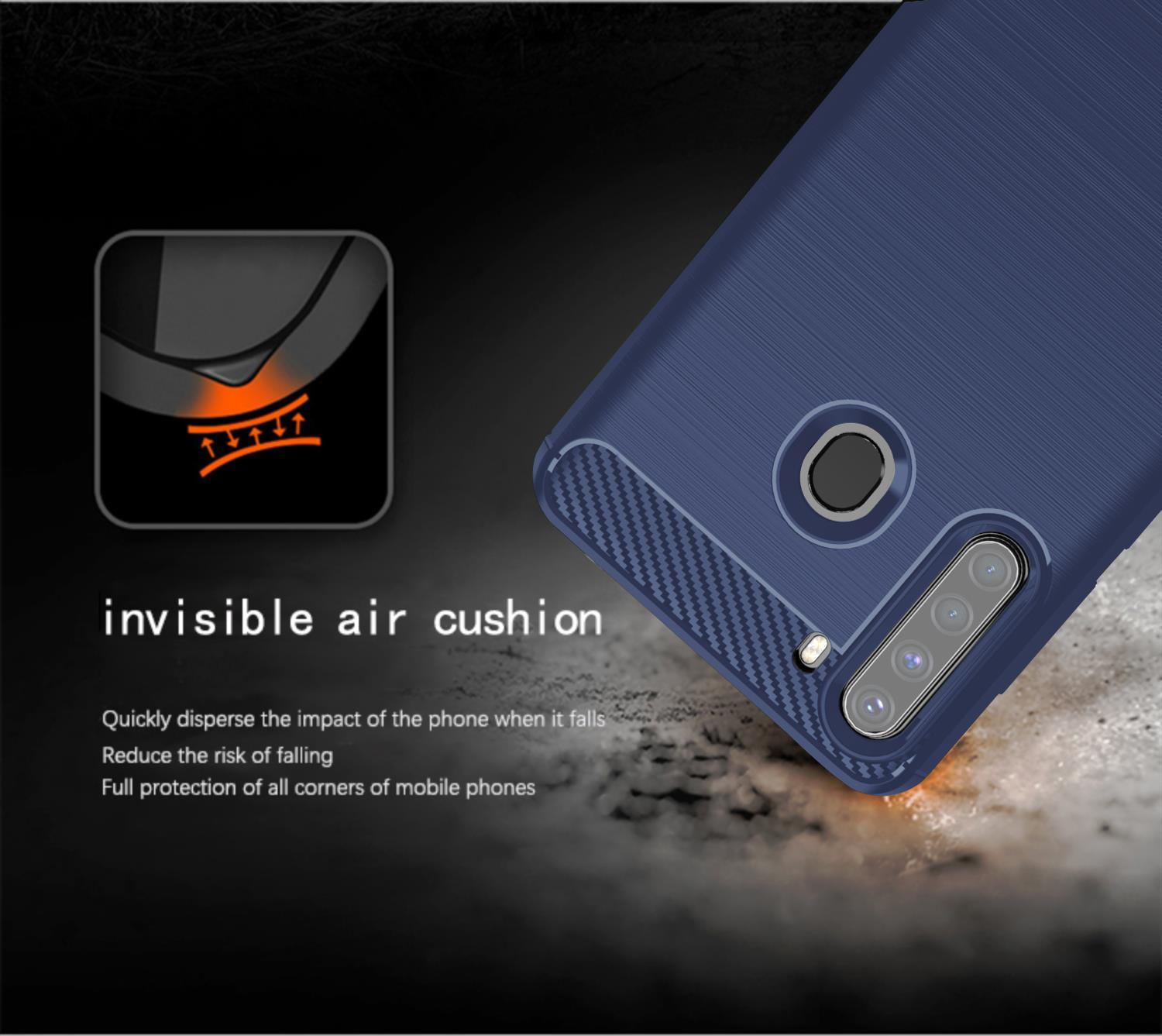 Primo piano di una custodia blu per telefono. Il testo dice 'invisible air cushion'. Il telefono è blu scuro.