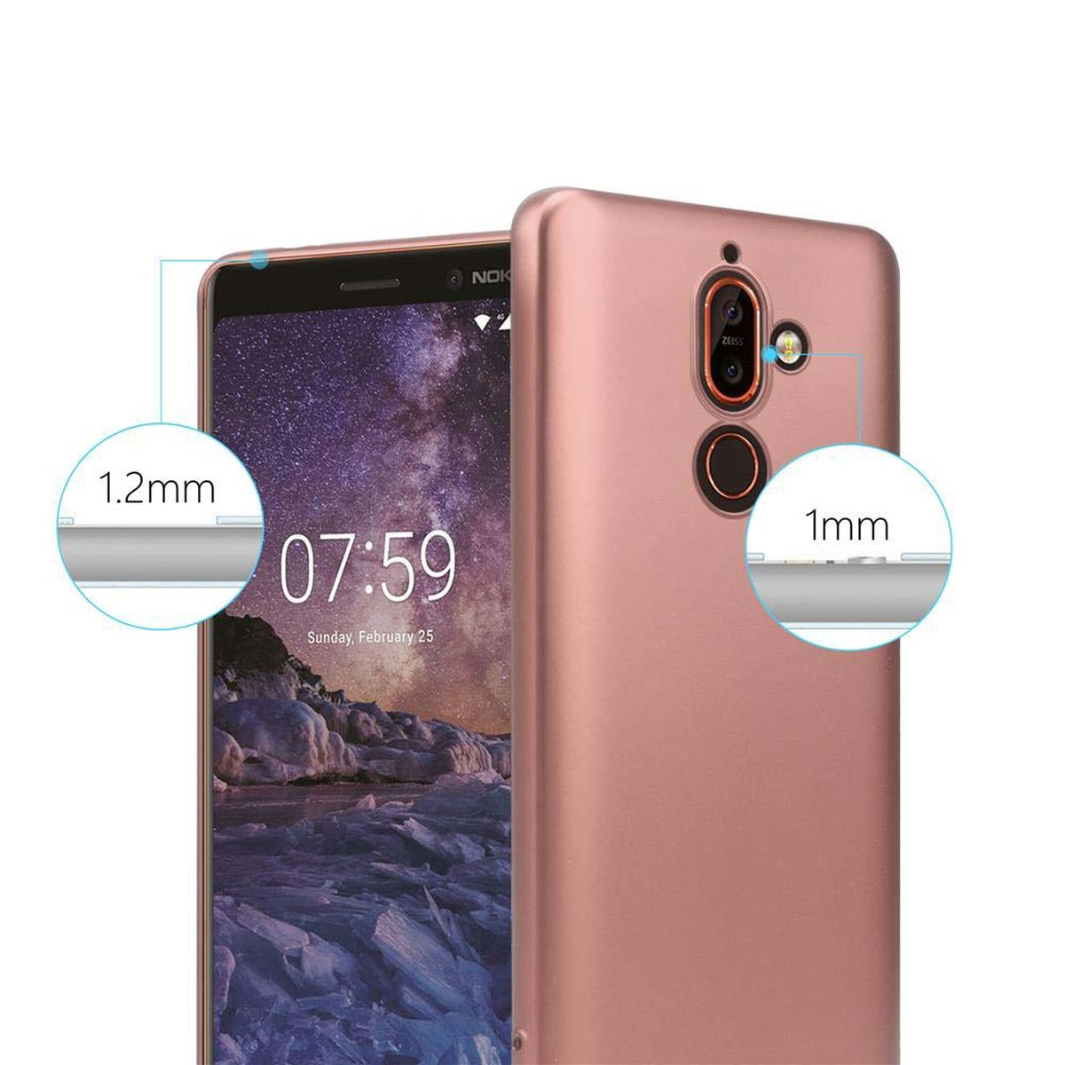 Roségoldenes Telefon mit Hülle. Text: 1,2 mm, 1 mm. Telefon liegt auf weißem Hintergrund.