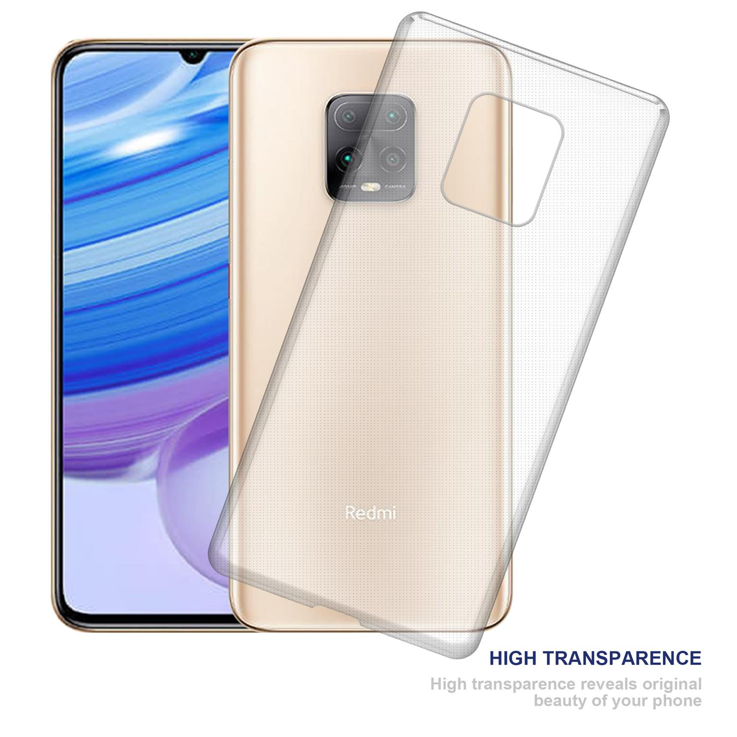 Custodia per telefono con telefono dorato e copertura trasparente, con testo 'Redmi'. Viene evidenziata l'elevata trasparenza.