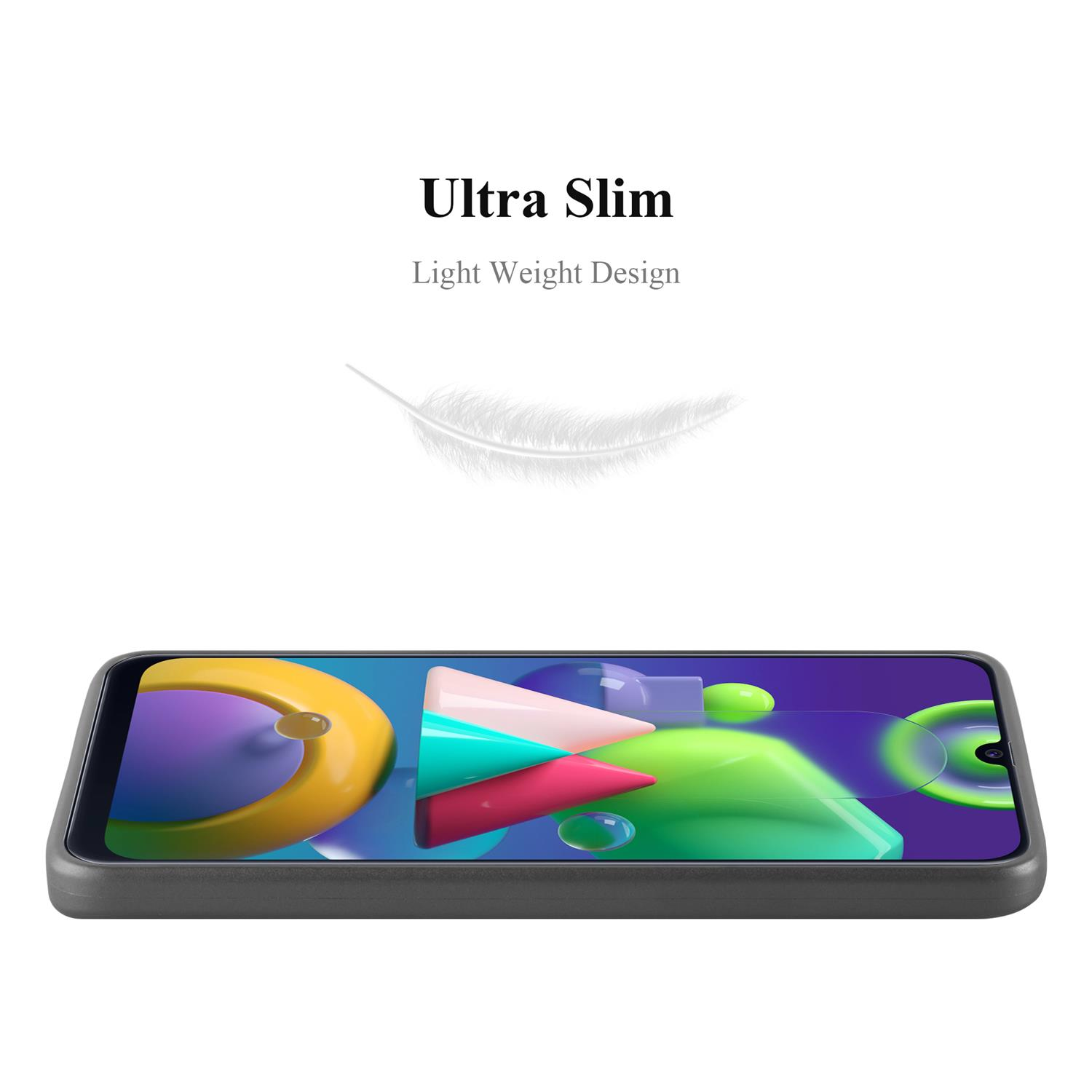 Custodia per telefono con un design colorato. Una grafica di piuma è sopra il telefono.
