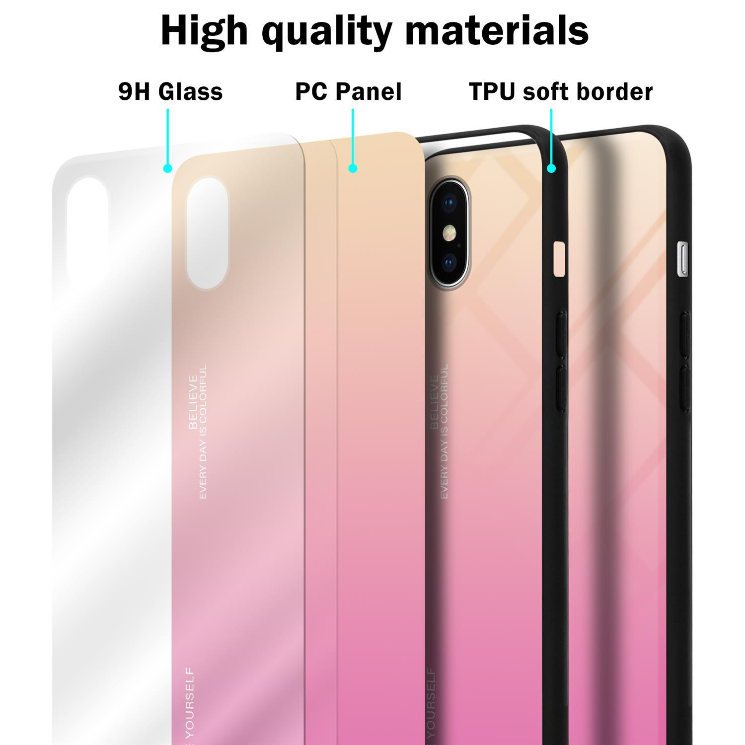 CADORABO Hülle aus Farben Backcover, X ROSA - GELB / iPhone TPU Silikon 2 Glas, XS, Apple