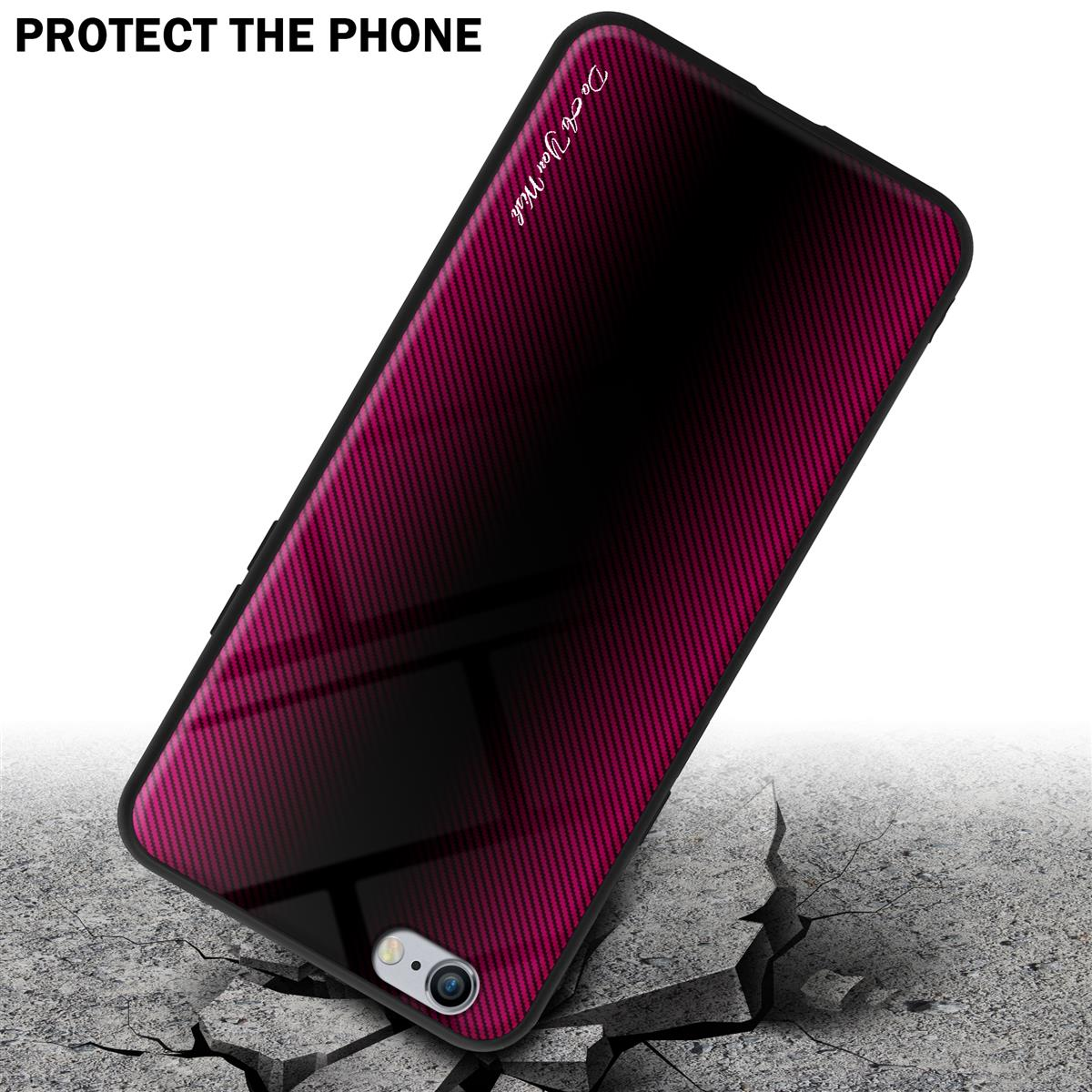 Custodia del telefono con design rosa strutturato. Il telefono è su una superficie crepata.