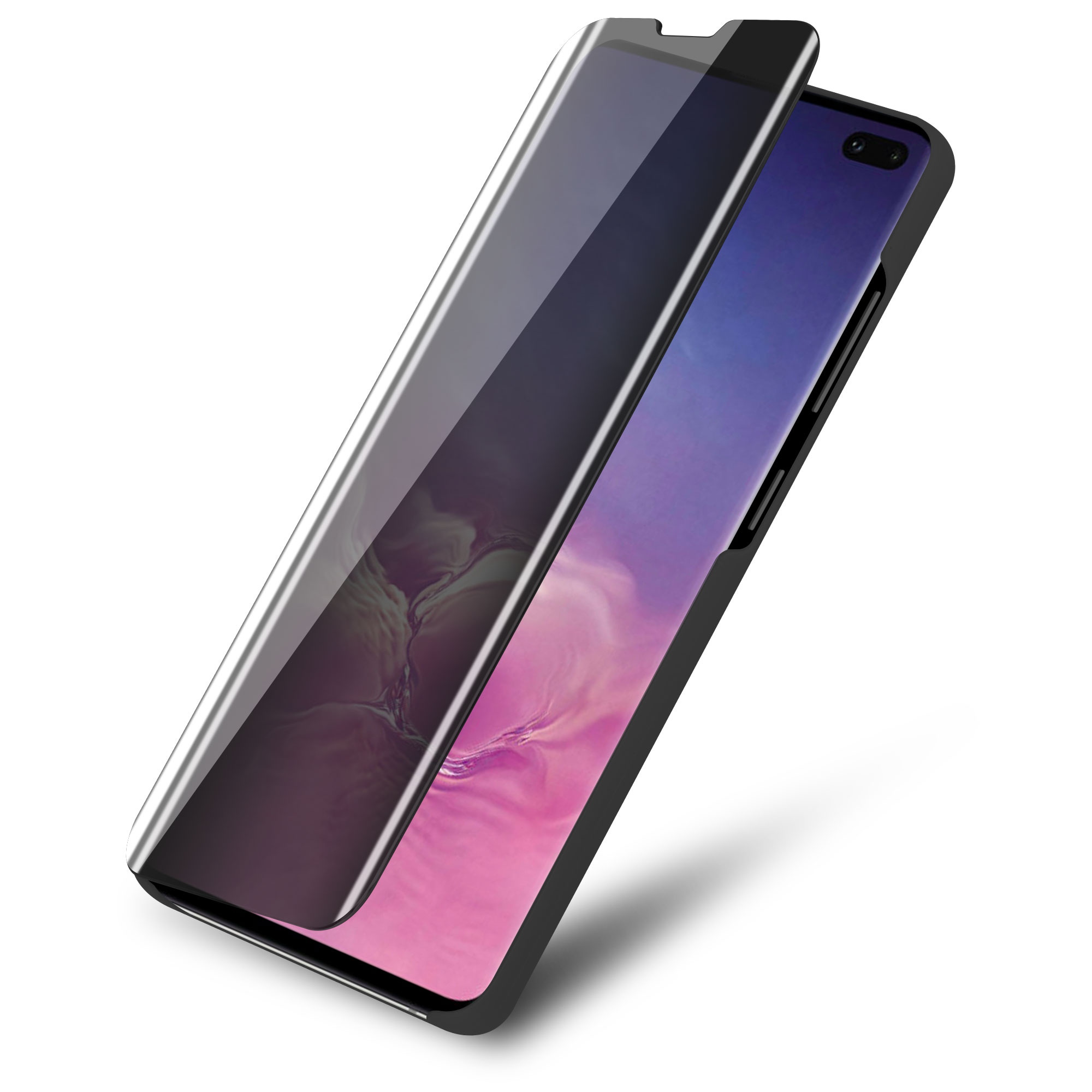 Telefono con protezione schermo. La protezione schermo è di colore scuro. Sfondo bianco.