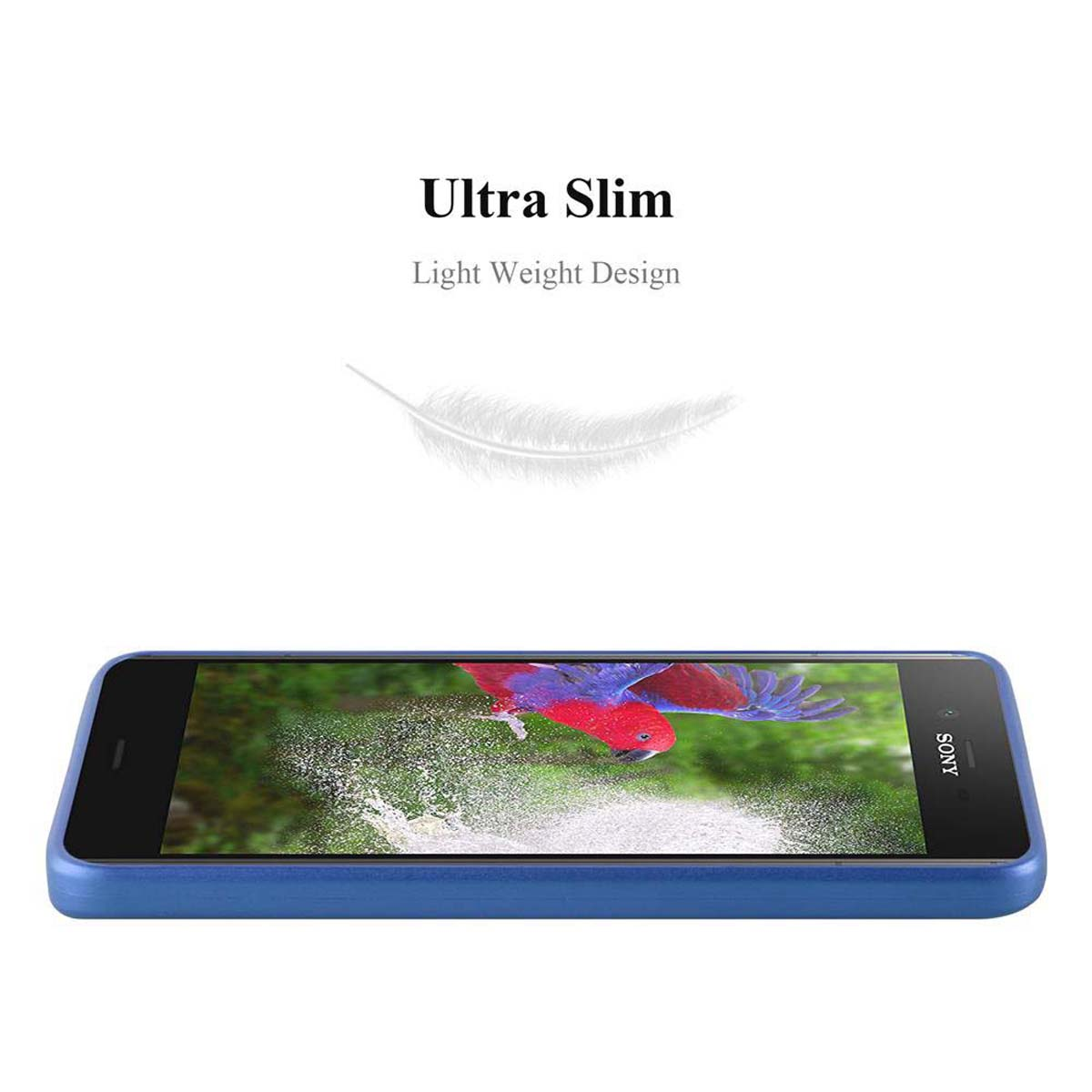 Un telefono con una custodia blu, che mostra un'immagine di uccello sullo schermo, con il testo 'Ultra Slim'.