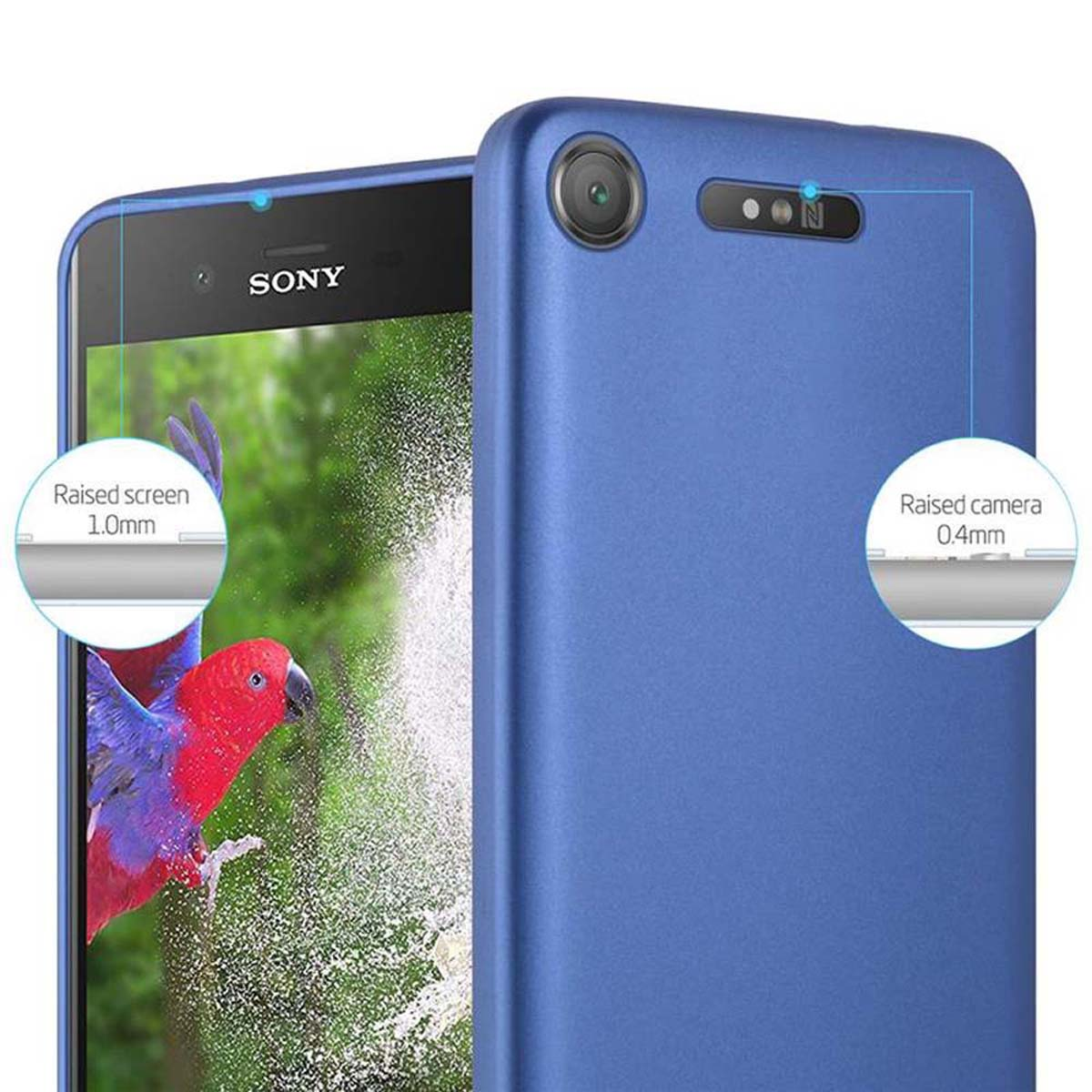 Custodia per telefono blu con schermo visibile. Un pappagallo è sullo schermo. Testo: Schermo rialzato, fotocamera rialzata.