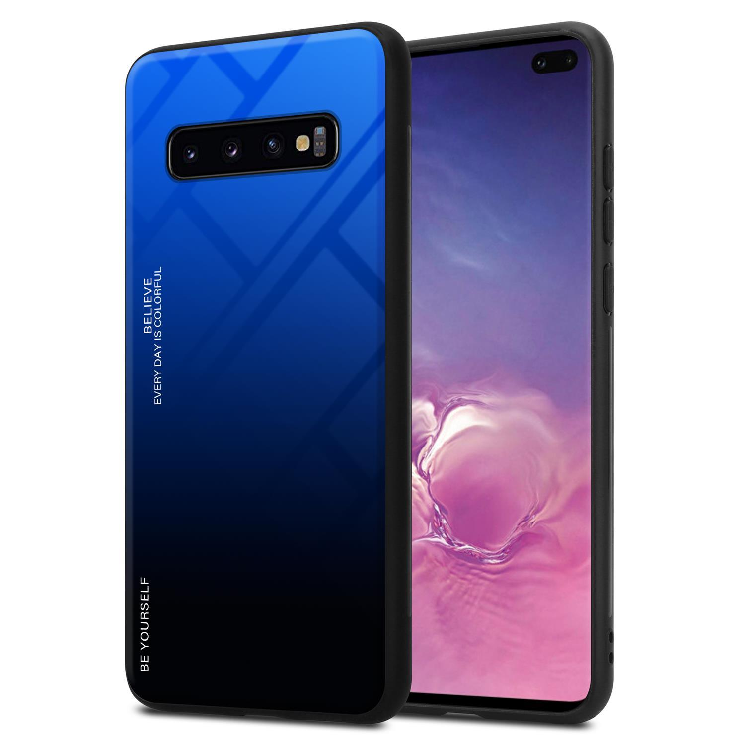 Ein Telefon in einer blau-schwarzen Gradientenhülle. Der Bildschirm zeigt den Startbildschirm.
