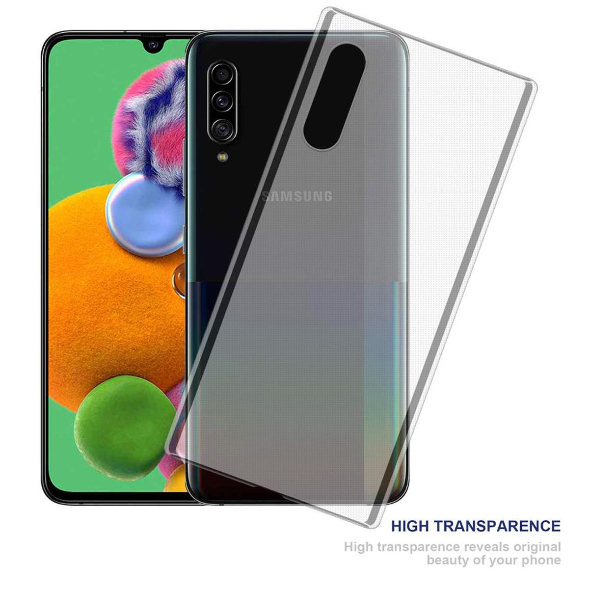 Transparente Handyhülle auf einem Telefon. Zeigt Transparenz und die Rückseite des Telefons.