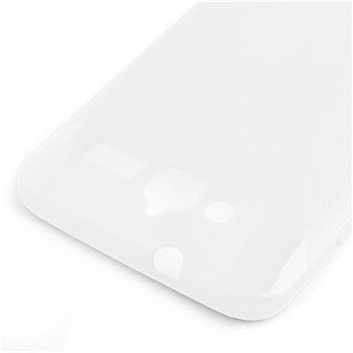 Custodia trasparente per telefono. Sono visibili i fori per la fotocamera e altre funzioni.