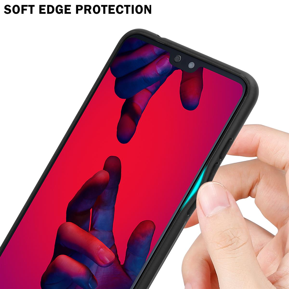 Primo piano del telefono con custodia nera. Lo schermo mostra uno sfondo rosso.