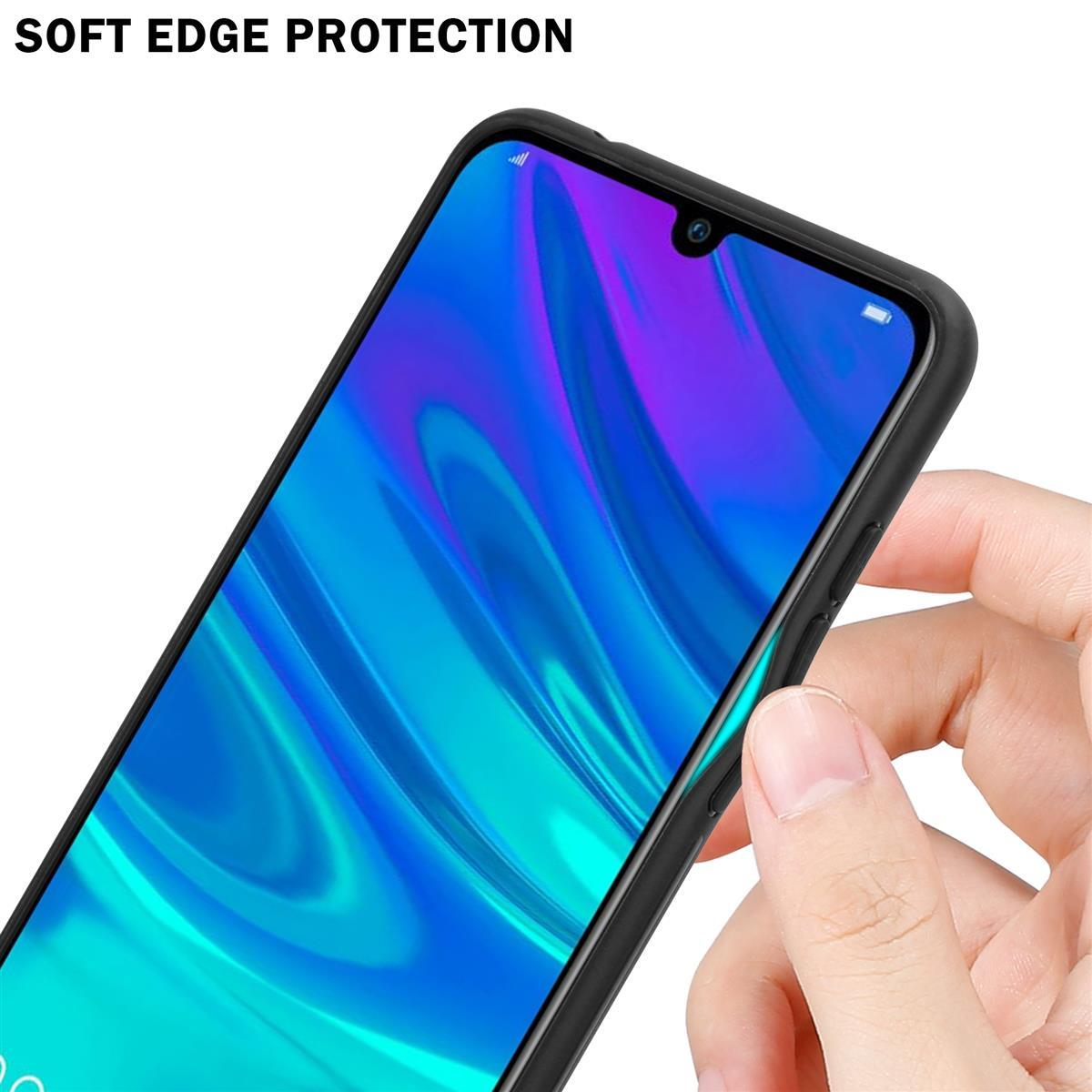 Eine Hand hält ein Telefon mit schwarzem Gehäuse. Blauer und violetter Bildschirm.