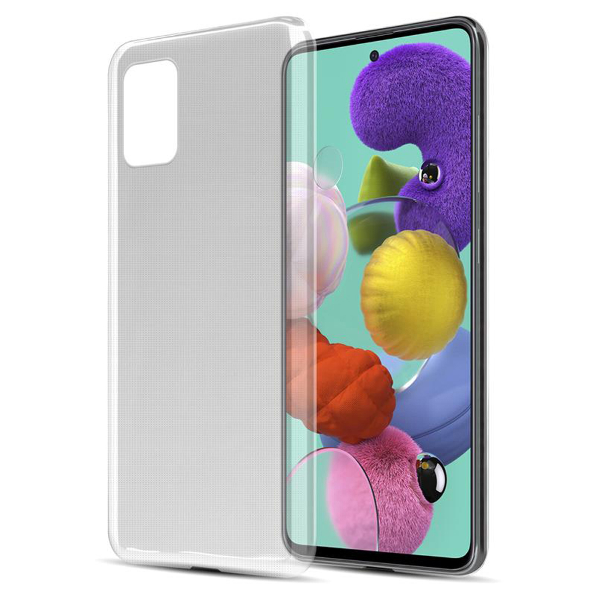 Transparente Handyhülle auf Telefon mit bunten abstrakten Formen, einschließlich Lila, Gelb und Orange.