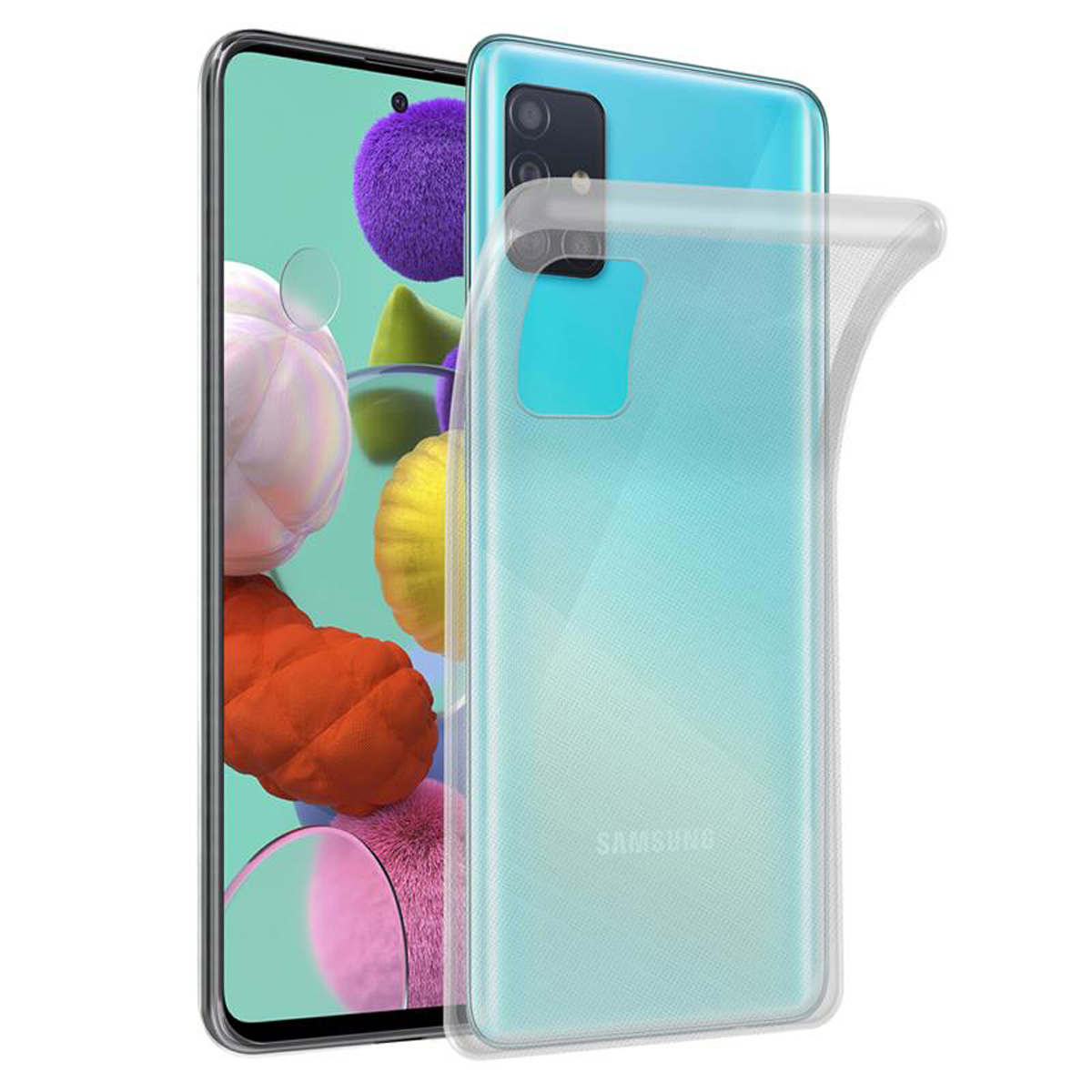 Ein Telefon, blau-grün, mit transparenter Hülle. Verschiedene bunte Objekte links.
