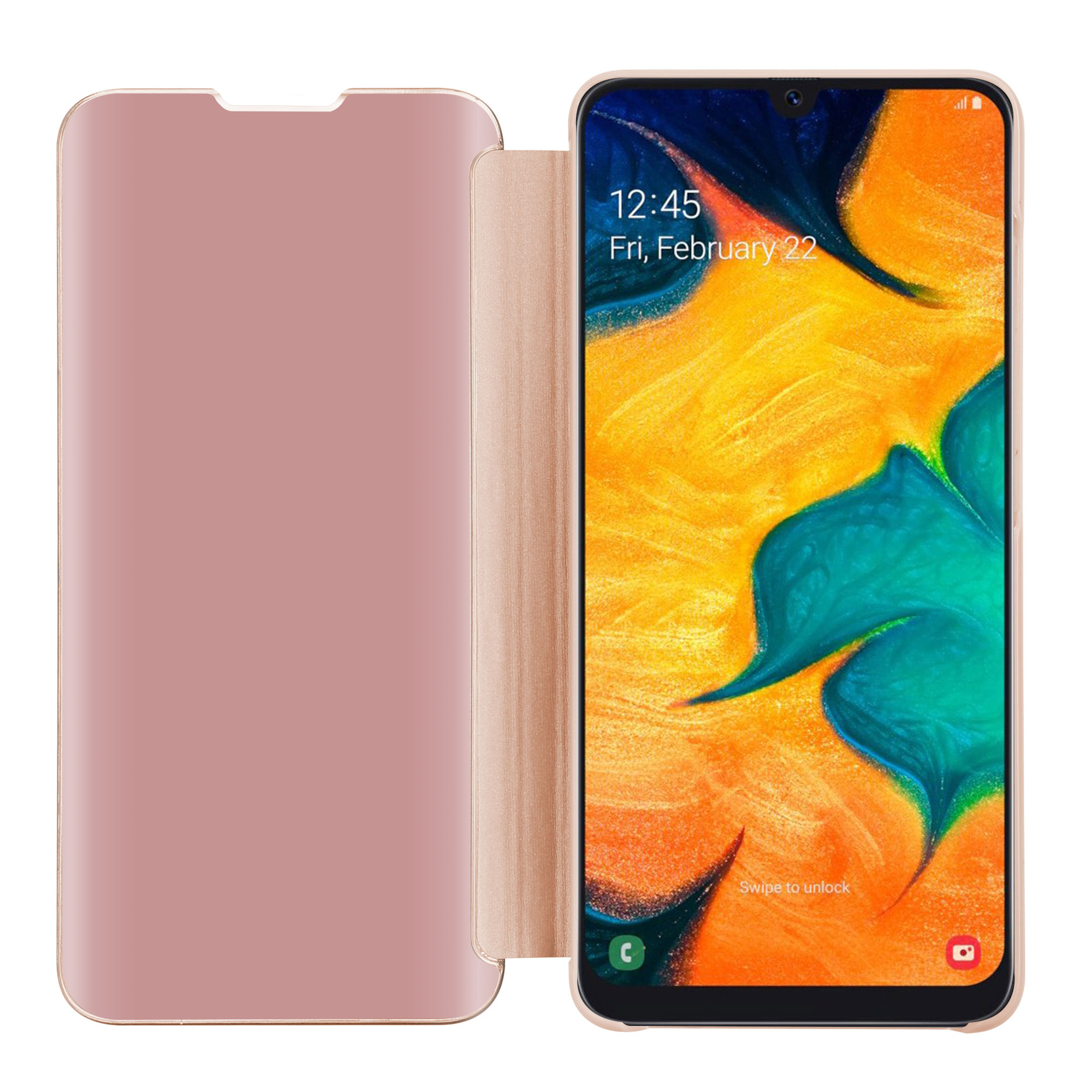 Una custodia rosa per telefono aperta con un telefono all'interno, che mostra la data e l'ora.