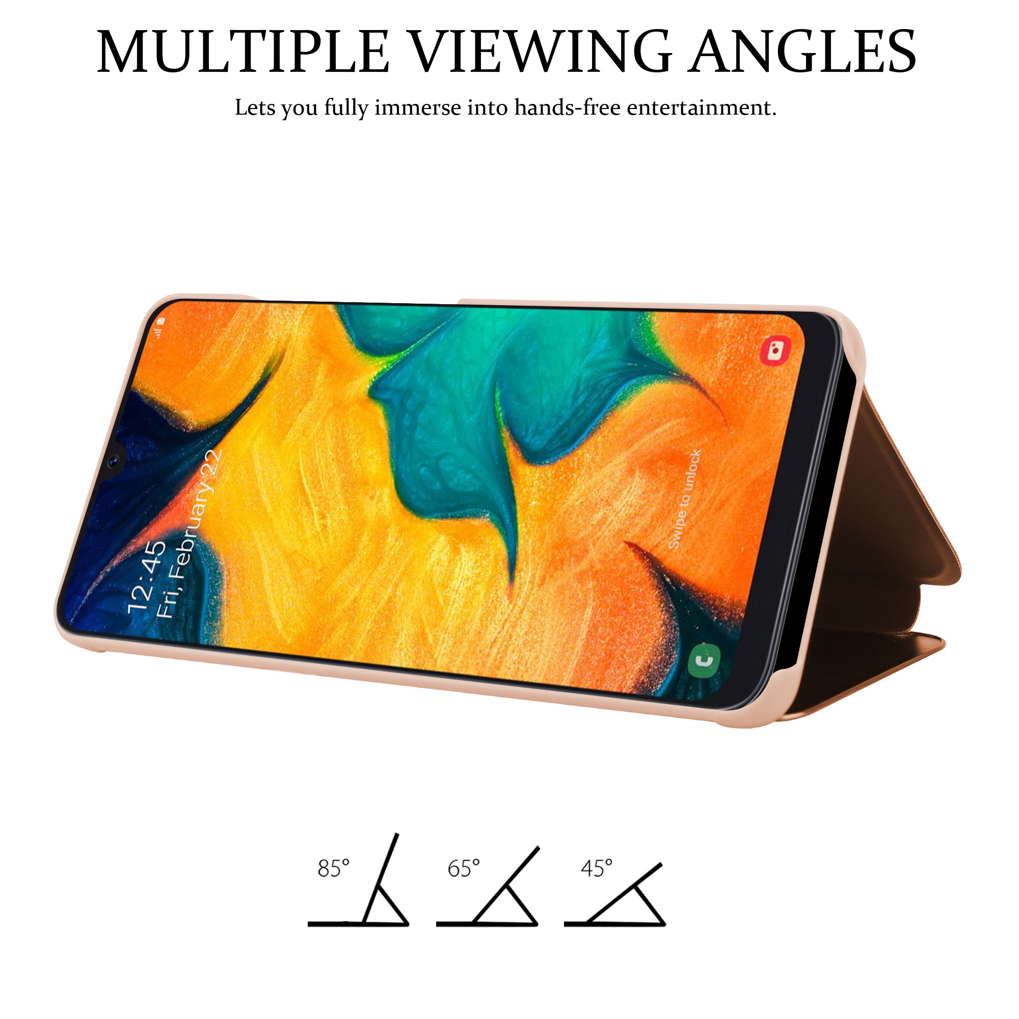 Un telefono in una custodia marrone viene visualizzato con diverse angolazioni. Il testo dice "ANGOLI DI VISIONE MULTIPLI".