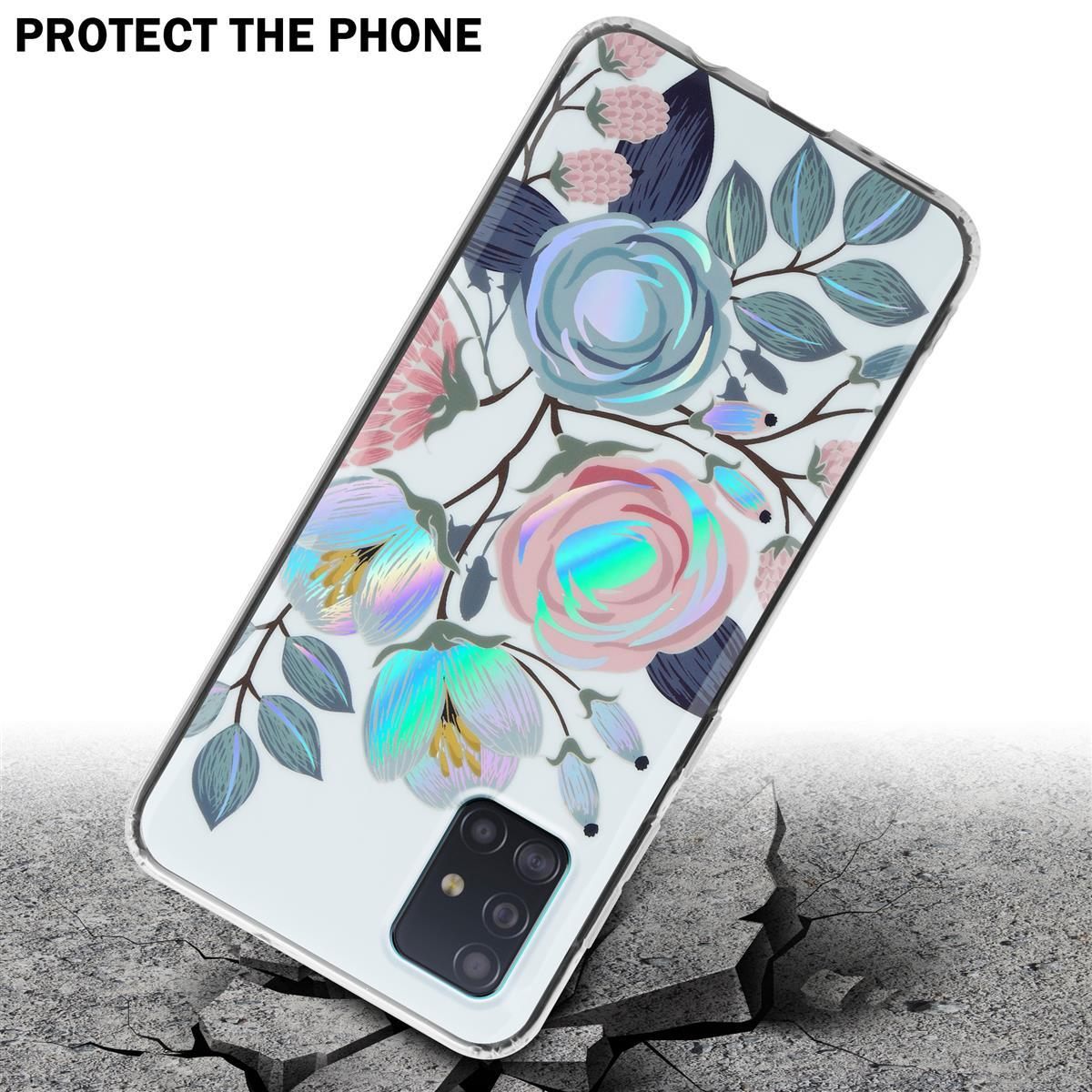 Custodia per telefono con un design floreale. La custodia è su una superficie incrinata, indicando l'impatto.