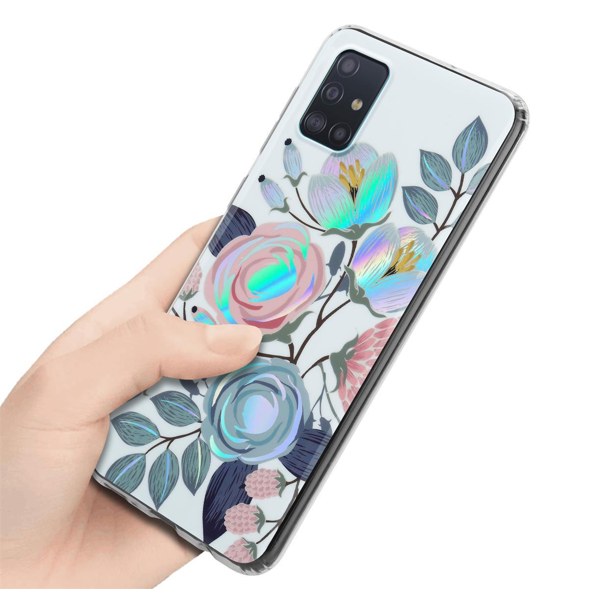 Una mano che tiene una custodia per telefono con un design floreale. La custodia ha uno sfondo trasparente.