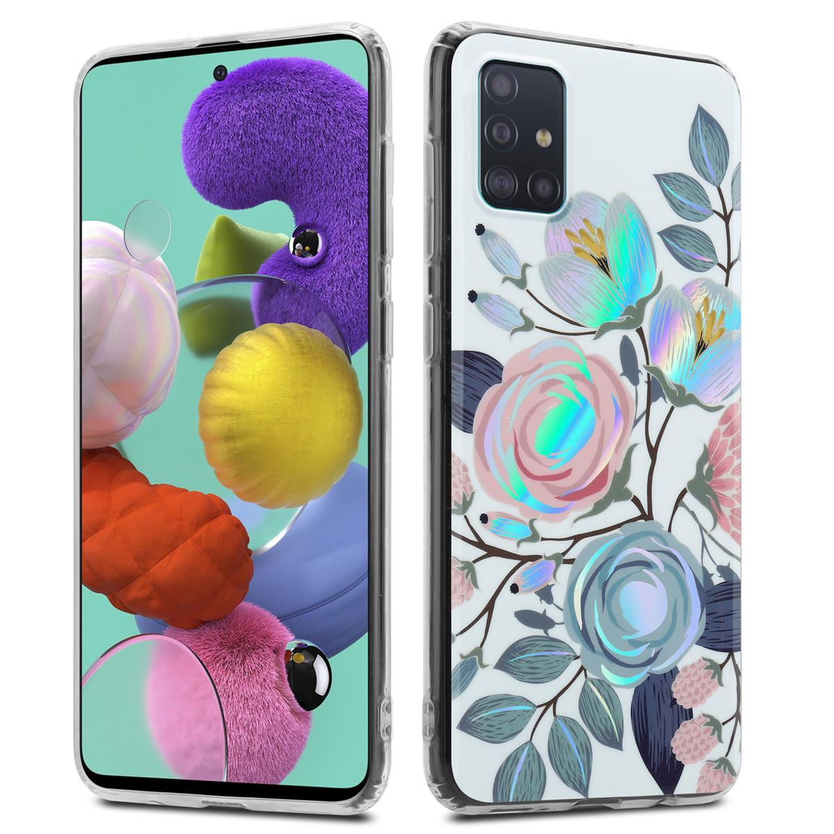Due custodie per telefono, una con un telefono all'interno. Ognuna ha un design floreale con fiori e foglie.