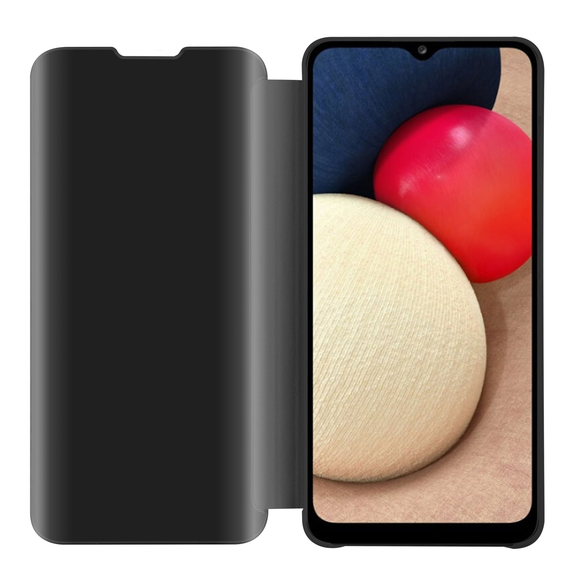 Eine schwarze Handyhülle mit einem Telefon darin, vor weißem Hintergrund. Das Telefon ist sichtbar.