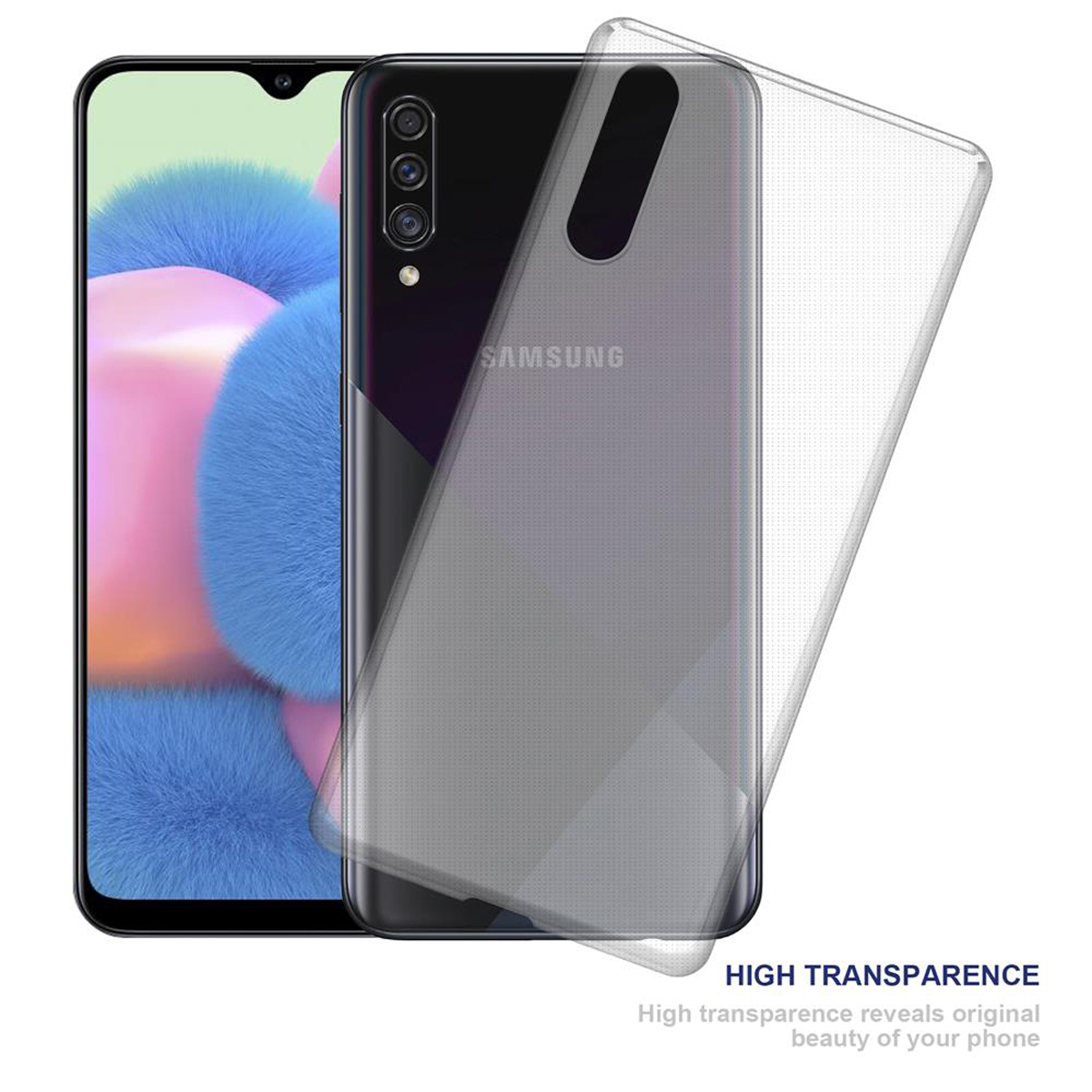 Eine transparente Handyhülle über einem schwarzen Telefon, mit 'SAMSUNG' sichtbar.