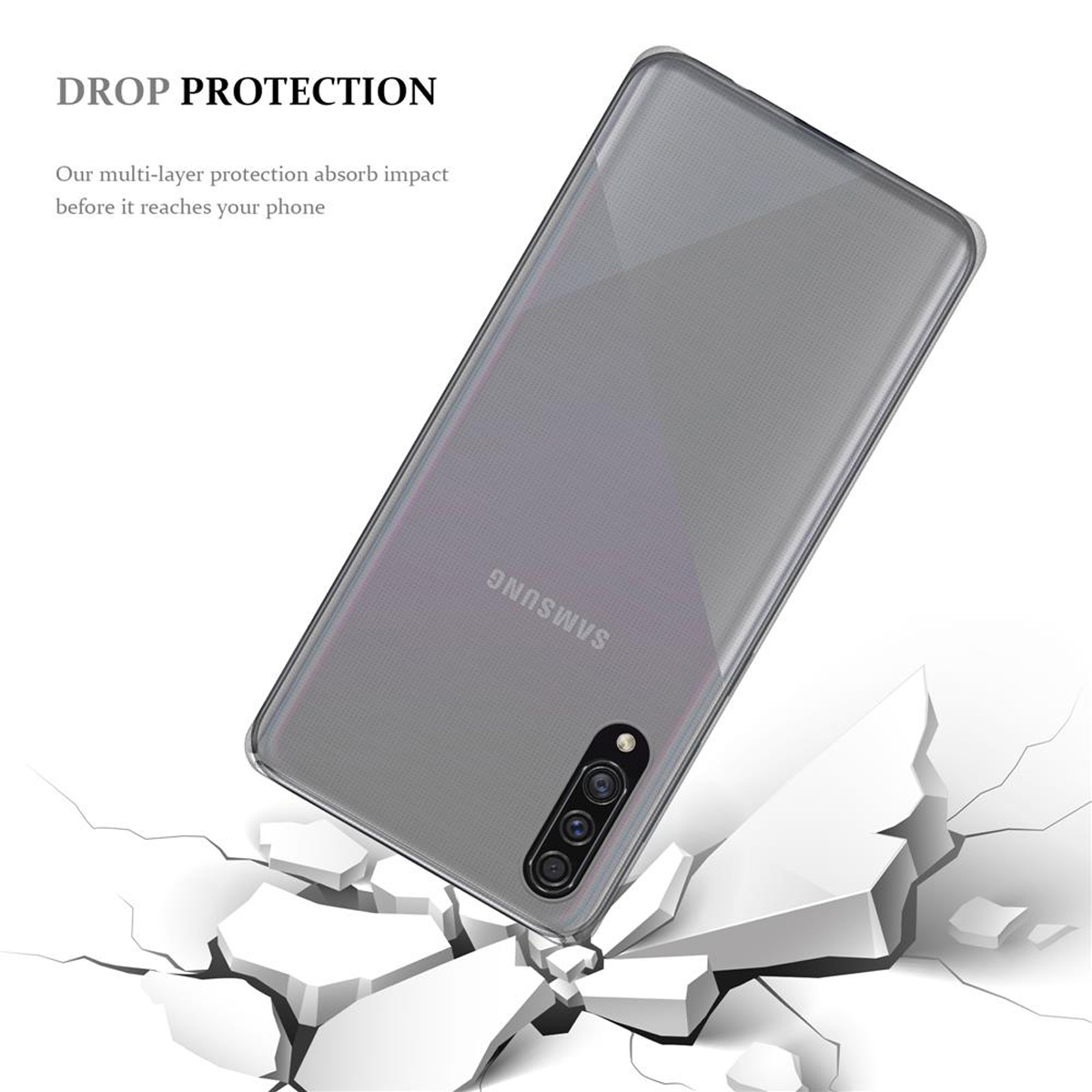 Telefon in transparenter Hülle, zerbrochener Boden darunter. Thema: Fallschutz.
