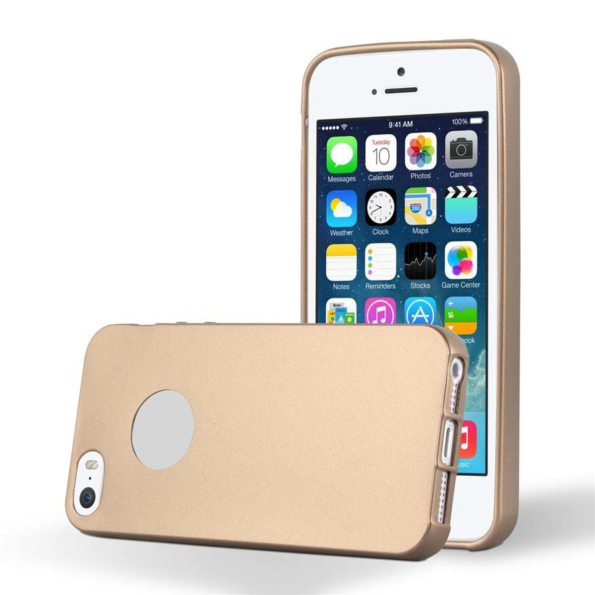 Telefono d'oro con custodia d'oro. Il telefono mostra una schermata dell'app.