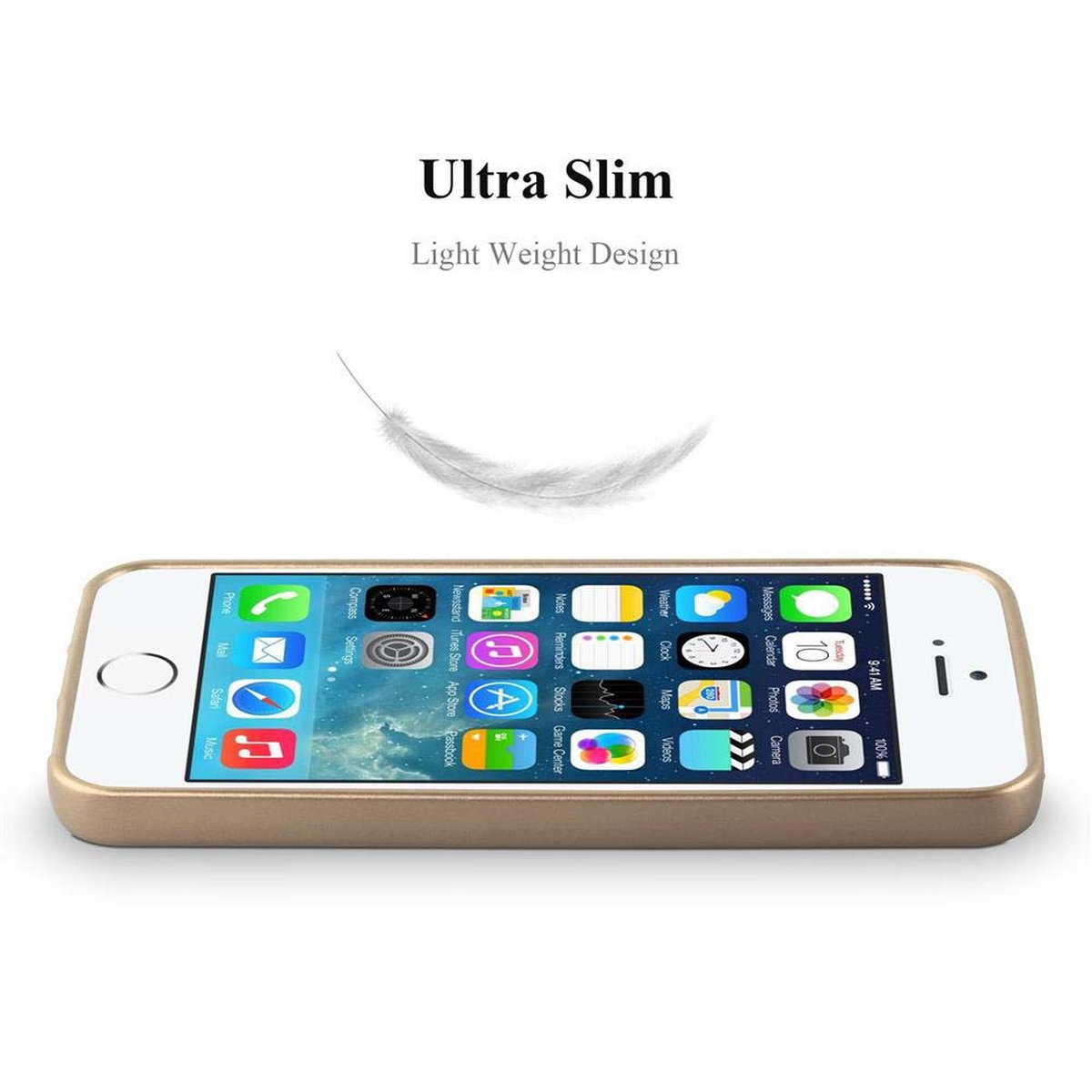 Custodia dorata con telefono all'interno. Design ultra sottile e leggero.