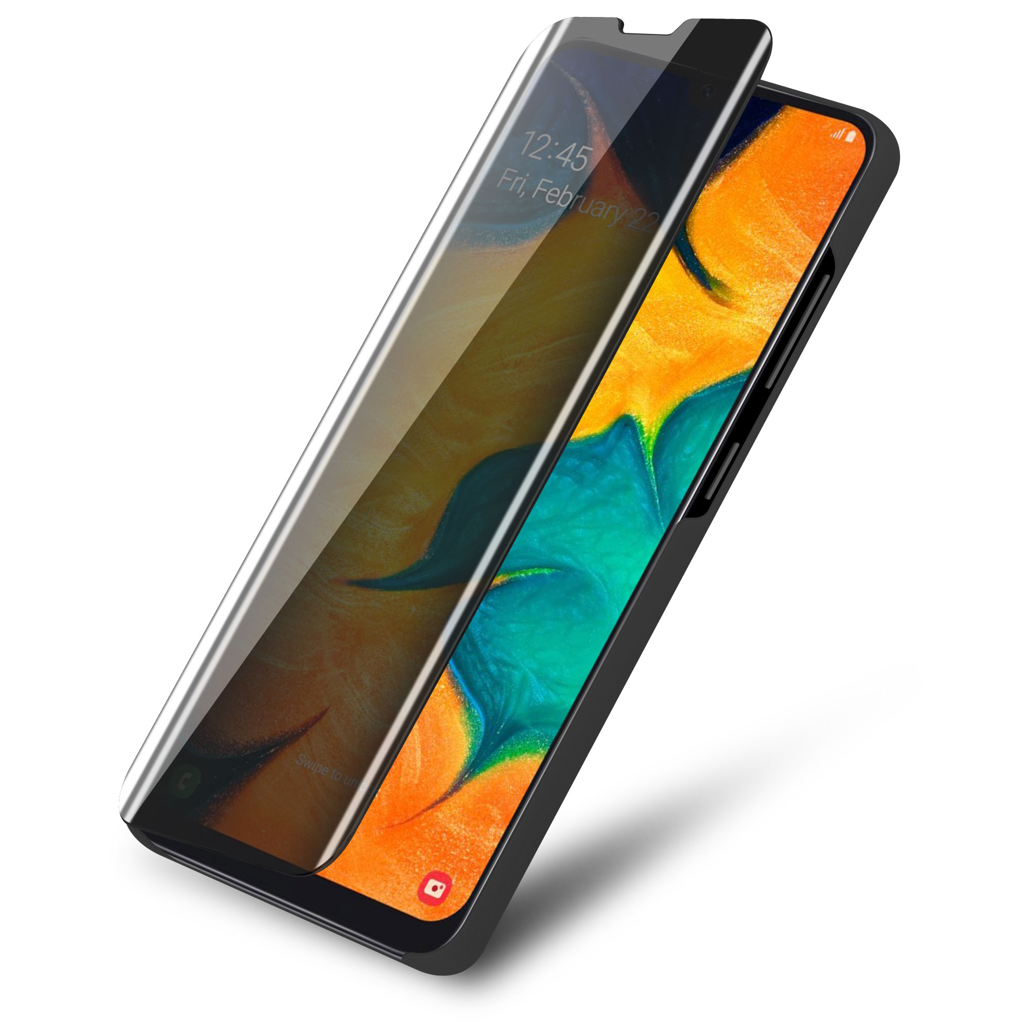 Un telefono con protezione per lo schermo. Lo schermo mostra l'ora e la data.