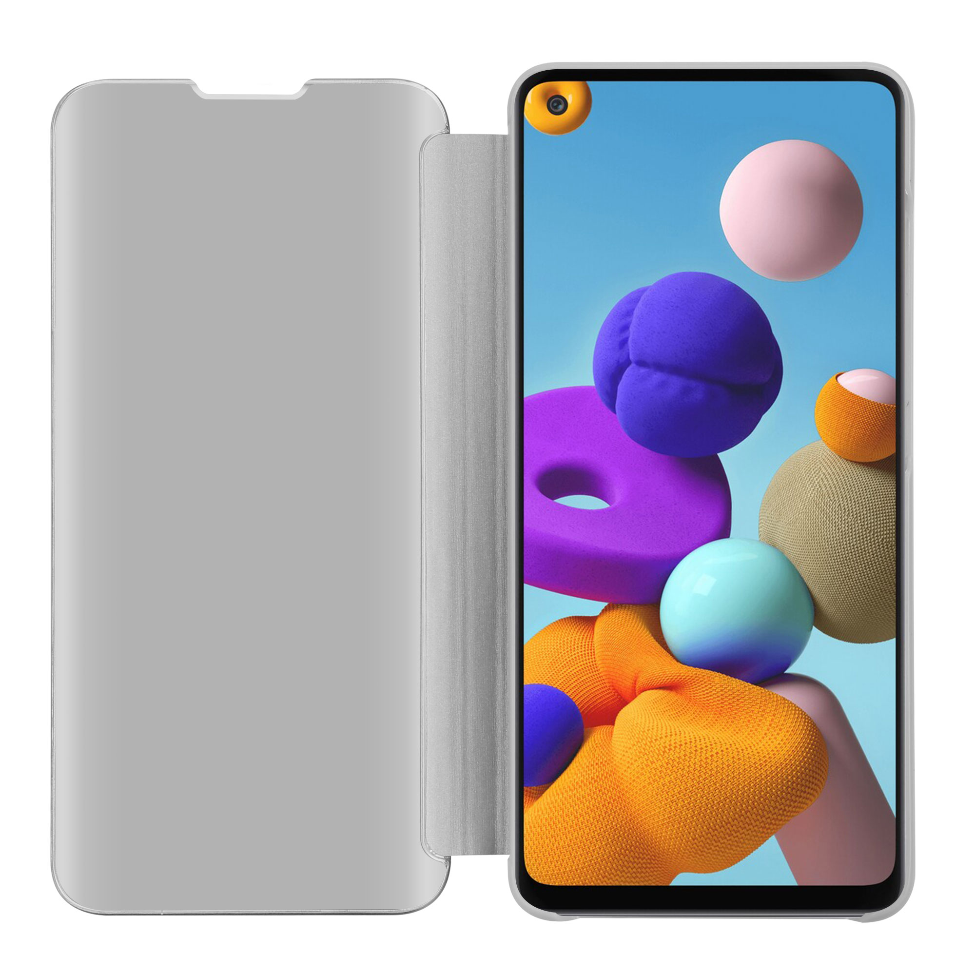 Un telefono con una custodia bianca e una protezione per lo schermo parzialmente aperta che rivela uno sfondo colorato.