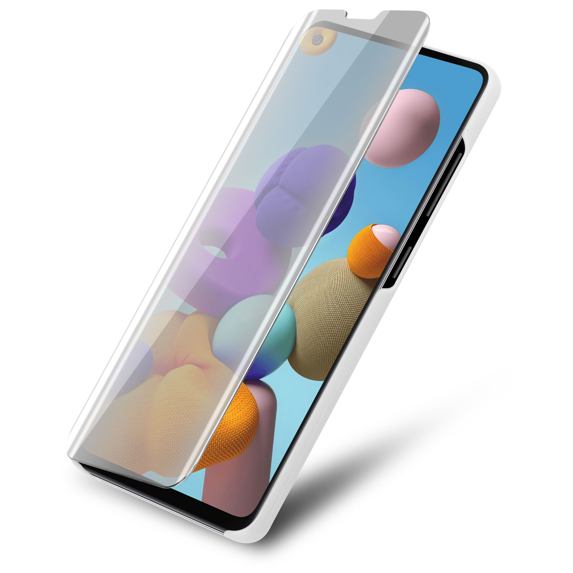 Un telefono con una protezione per lo schermo in fase di applicazione, che mostra uno sfondo colorato.