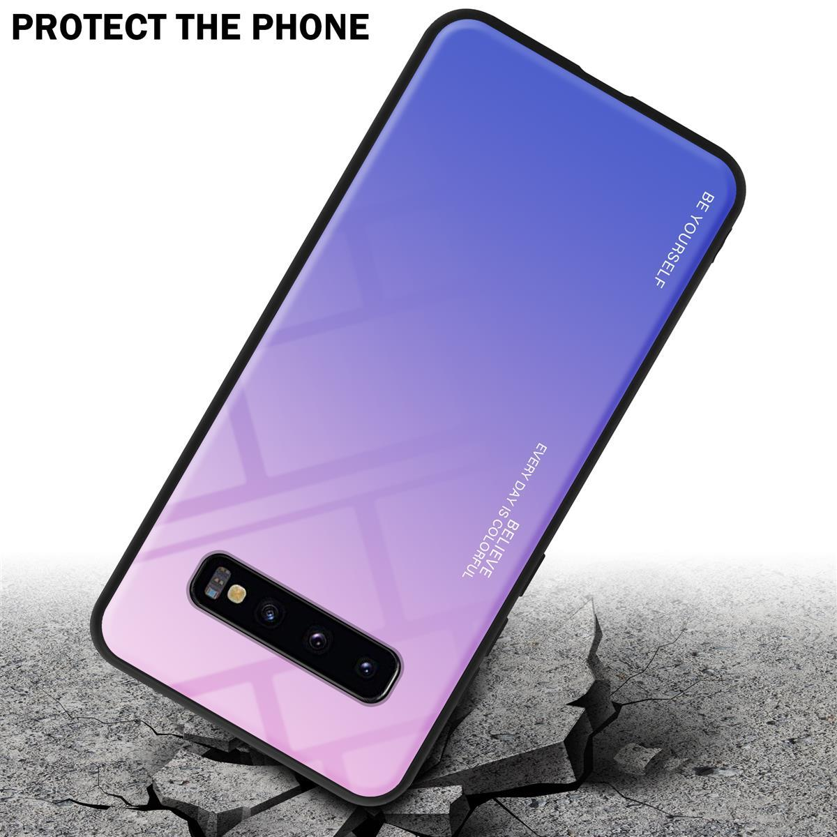 Custodia per telefono con sfumatura blu-viola su superficie incrinata, proteggendo il telefono.