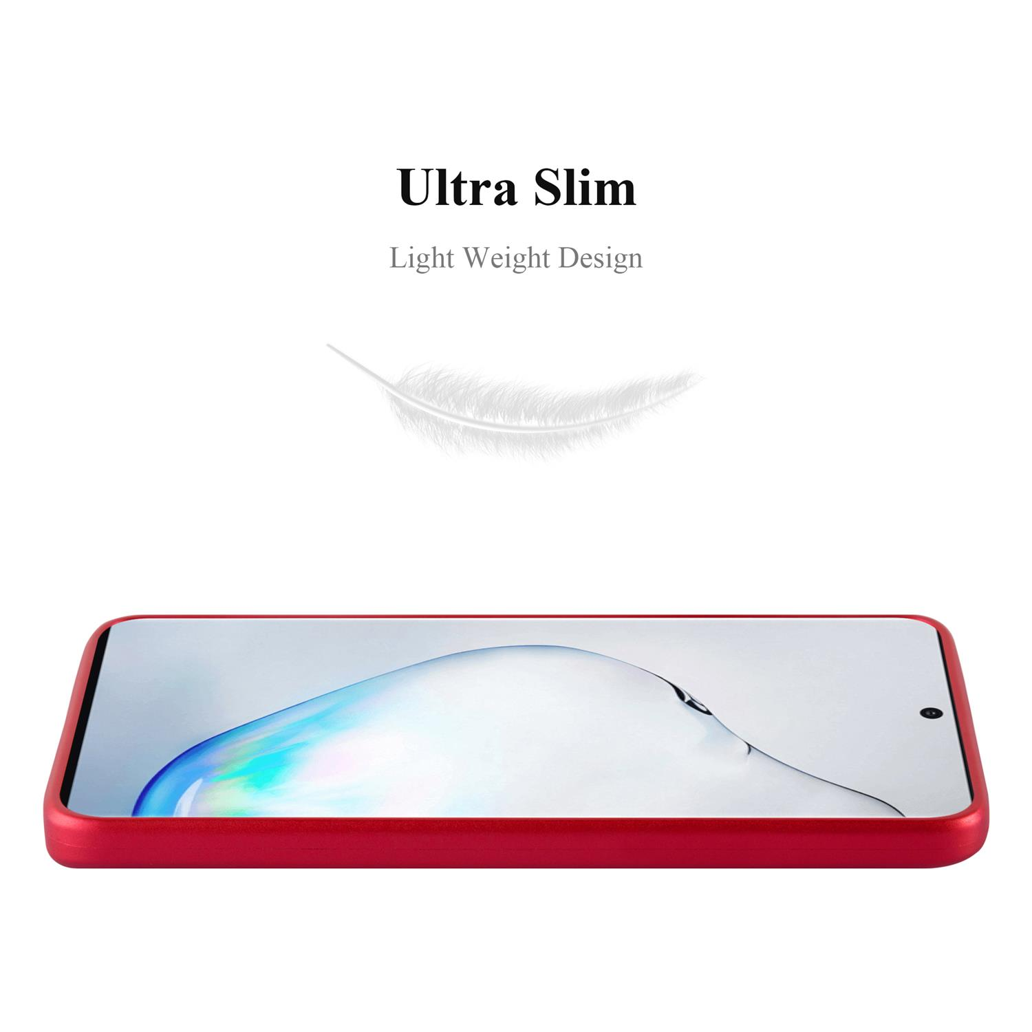 Eine rote Handyhülle mit einem Telefon darin. Der Bildschirm des Telefons ist sichtbar und die Hülle ist ultradünn.