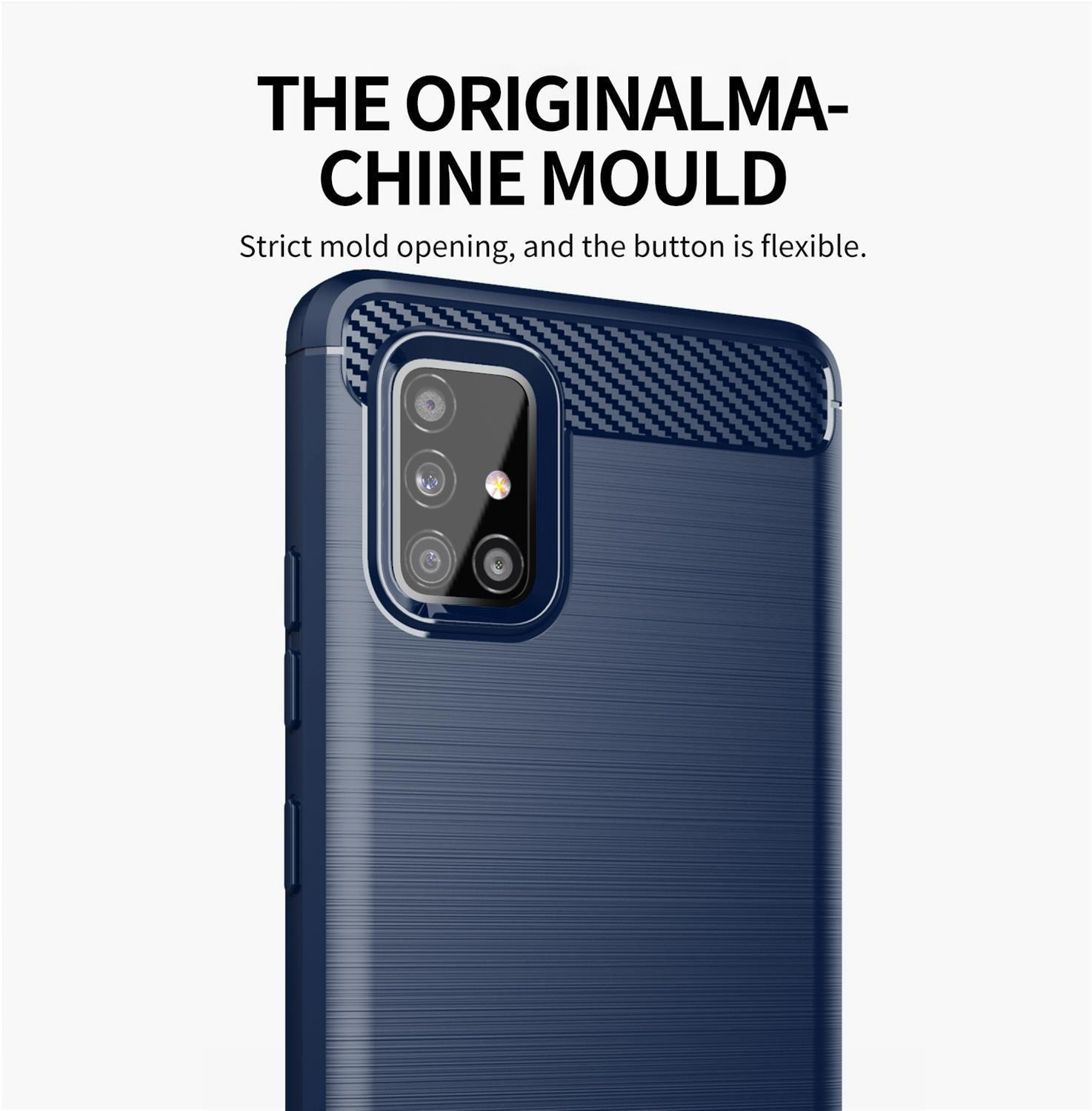 Custodia per telefono blu con parte anteriore a motivi blu scuro. Ha una fotocamera e il testo "THE ORIGINAL MACHINE MOULD".