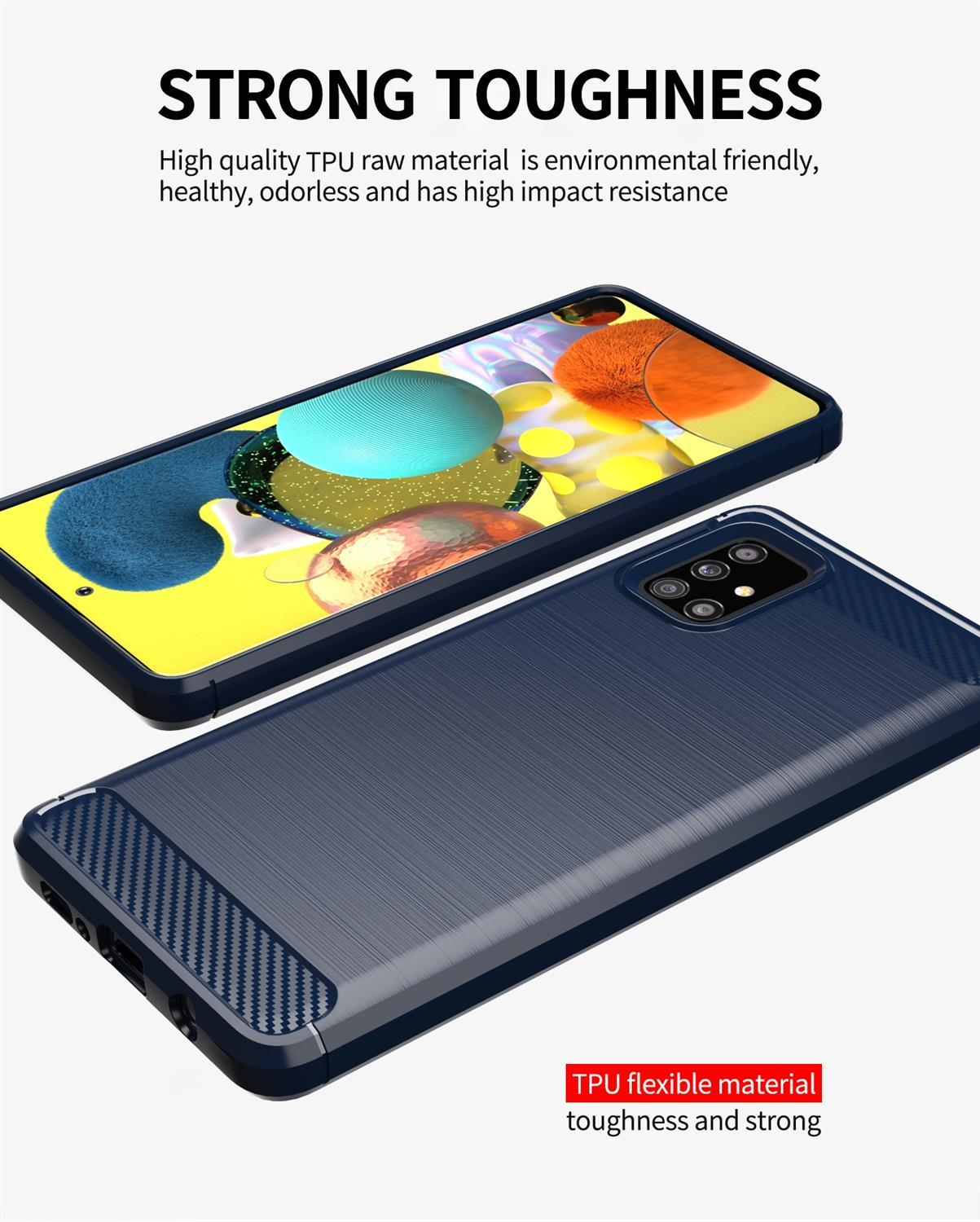 Due custodie per telefono, una blu e l'altra su un telefono. Entrambe le custodie hanno un design strutturato, che mostra la protezione del telefono.