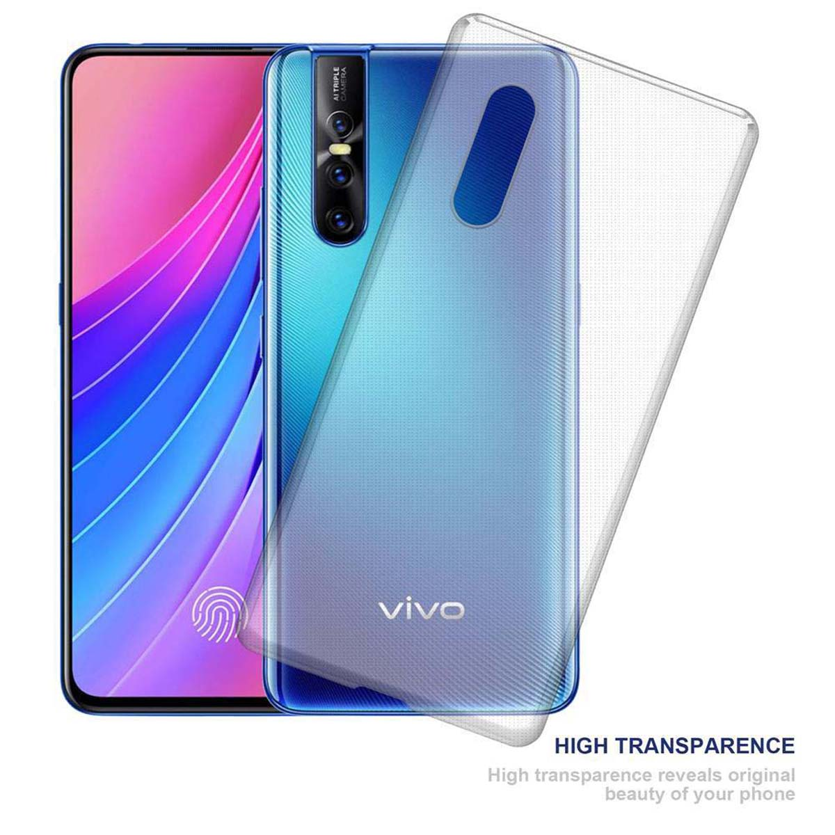 Un telefono blu con una custodia trasparente. La custodia trasparente è sopra il telefono.