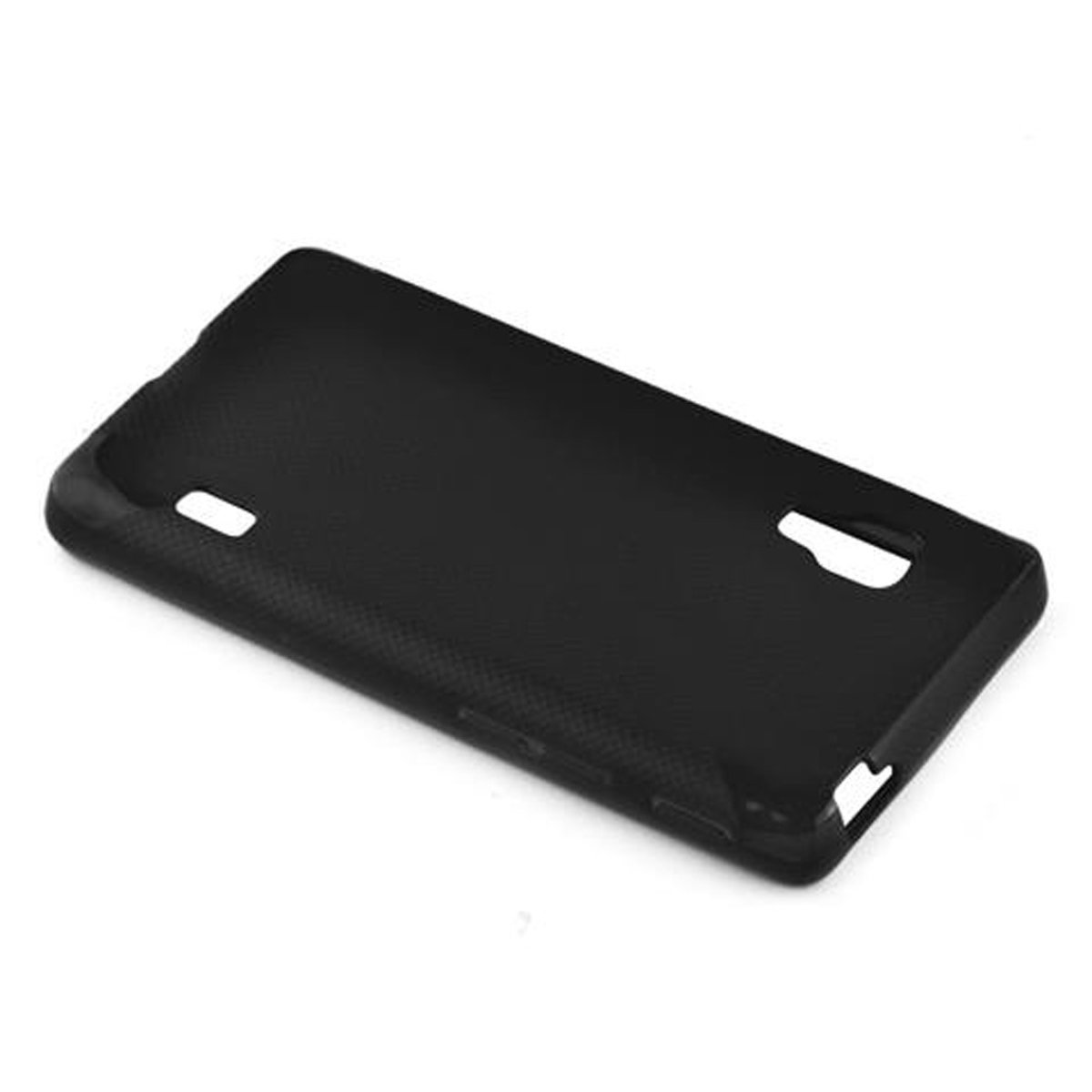 Custodia per telefono nera con aperture per fotocamera, flash e altre porte. Il retro ha un design strutturato.