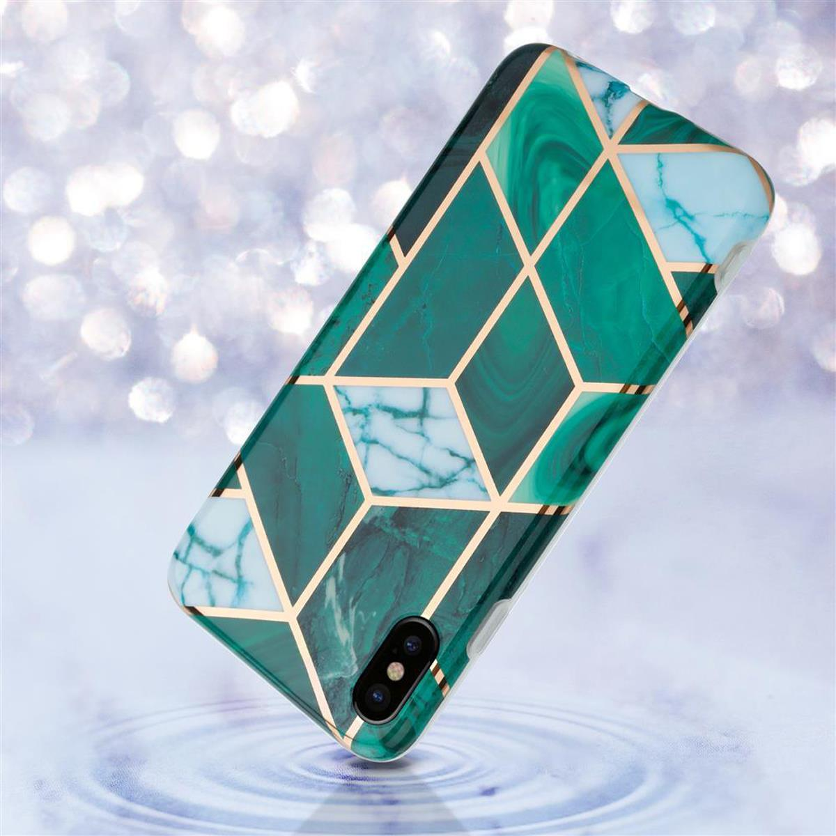 Custodia verde per telefono con design geometrico dorato. Sfondo lucido.